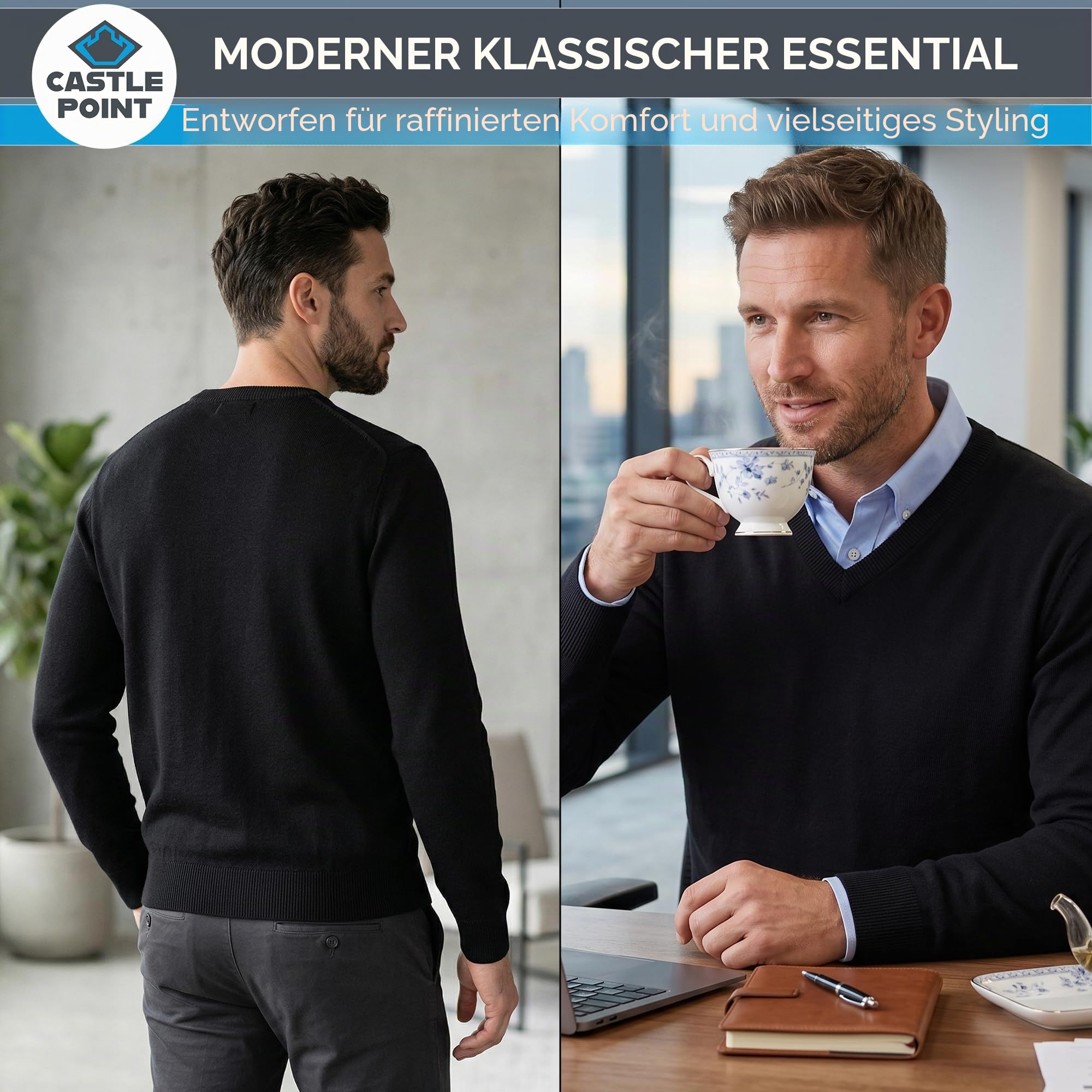 Castle Point Herren Pullover aus 100 % Baumwolle, Weicher Strickpullover mit Rundhals oder V-Ausschnitt, Leichter Klassischer Alltagspullover