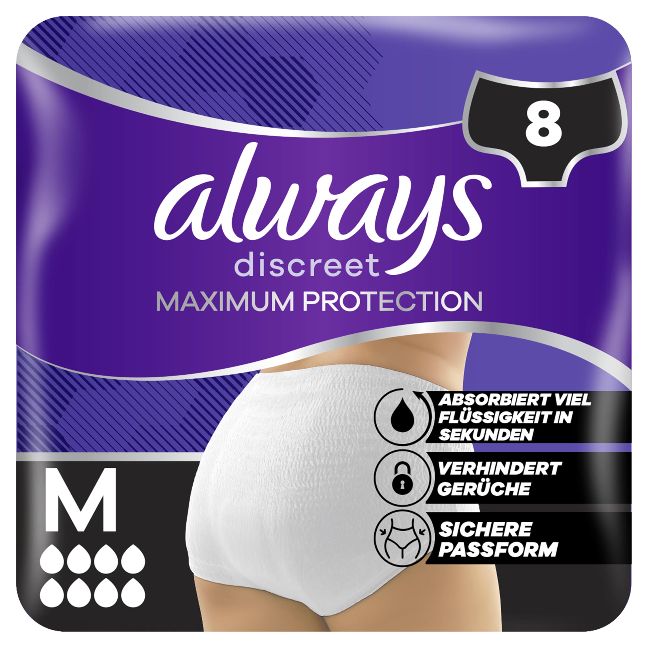 Always Discreet Incontinence Pants Maximum Protection For Sensitive Bladder Size M 8Pants