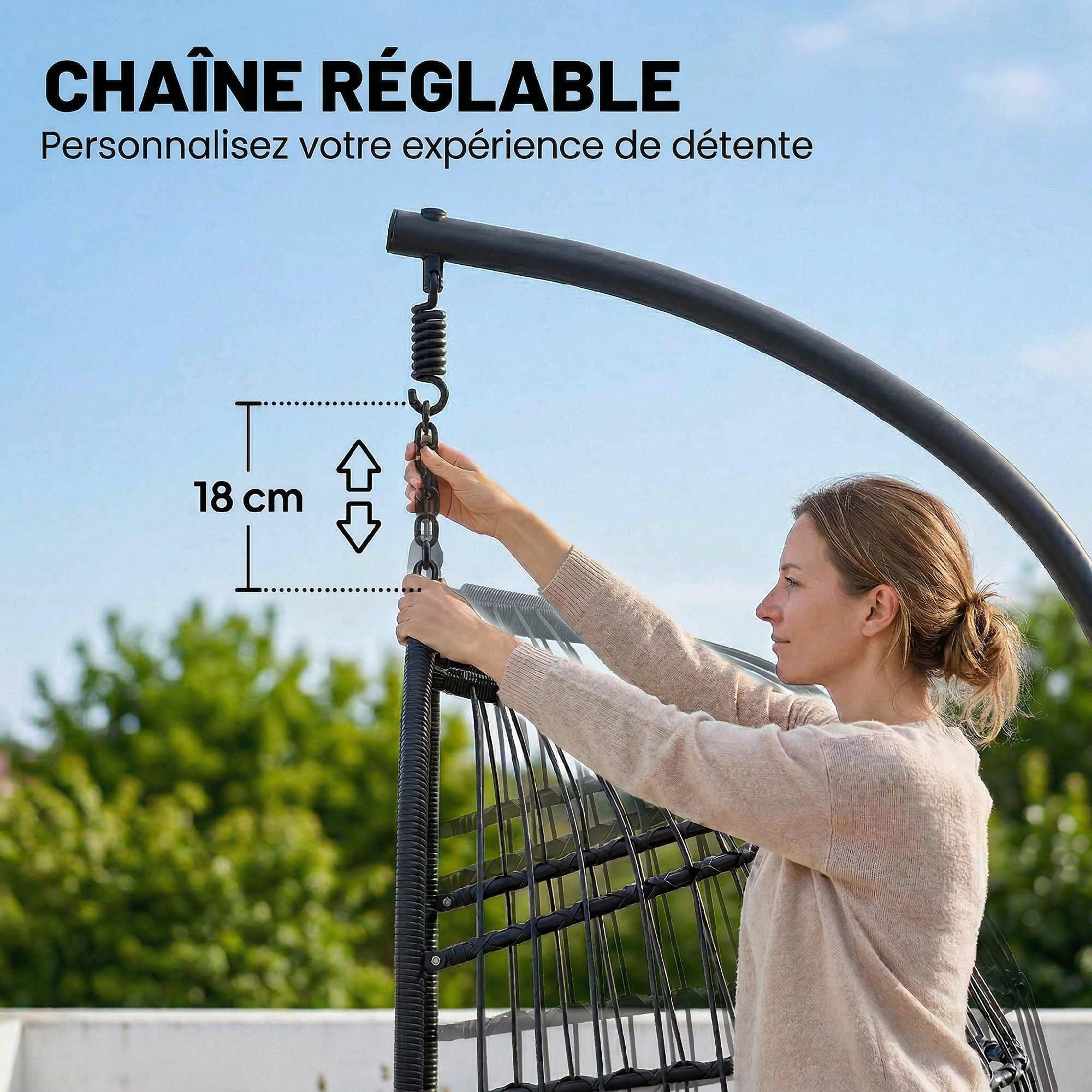 Outsunny Fauteuil Œuf Suspendu Pliable avec Support - Balançoire de Jardin avec Coussin 15cm et Appui-tête - Chaise Suspendue Intérieure et Extérieure, Nacelle Pliable Gain de Place, Noir et Gris