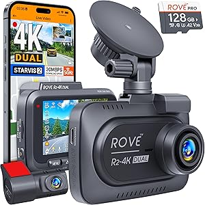 ROVE R2-4K DUAL Dash Cam Front and Rear, STARVIS 2 Sensor, FREE 128GB Card Included, 5G WiFi - up to 20MB/s Fastest Download Speed with App, 4K 2160P/FHD Dash Camera for Cars, 3
