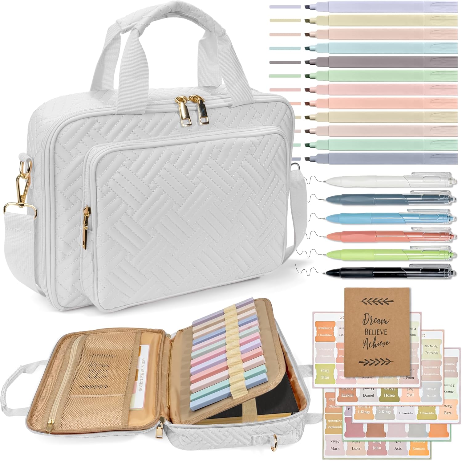 Bible Cover for Women & Bible Case Spacious for Women with Adjustable Shoulder Strap Bible Study Organizer with Highlighters Set Christian Gifts