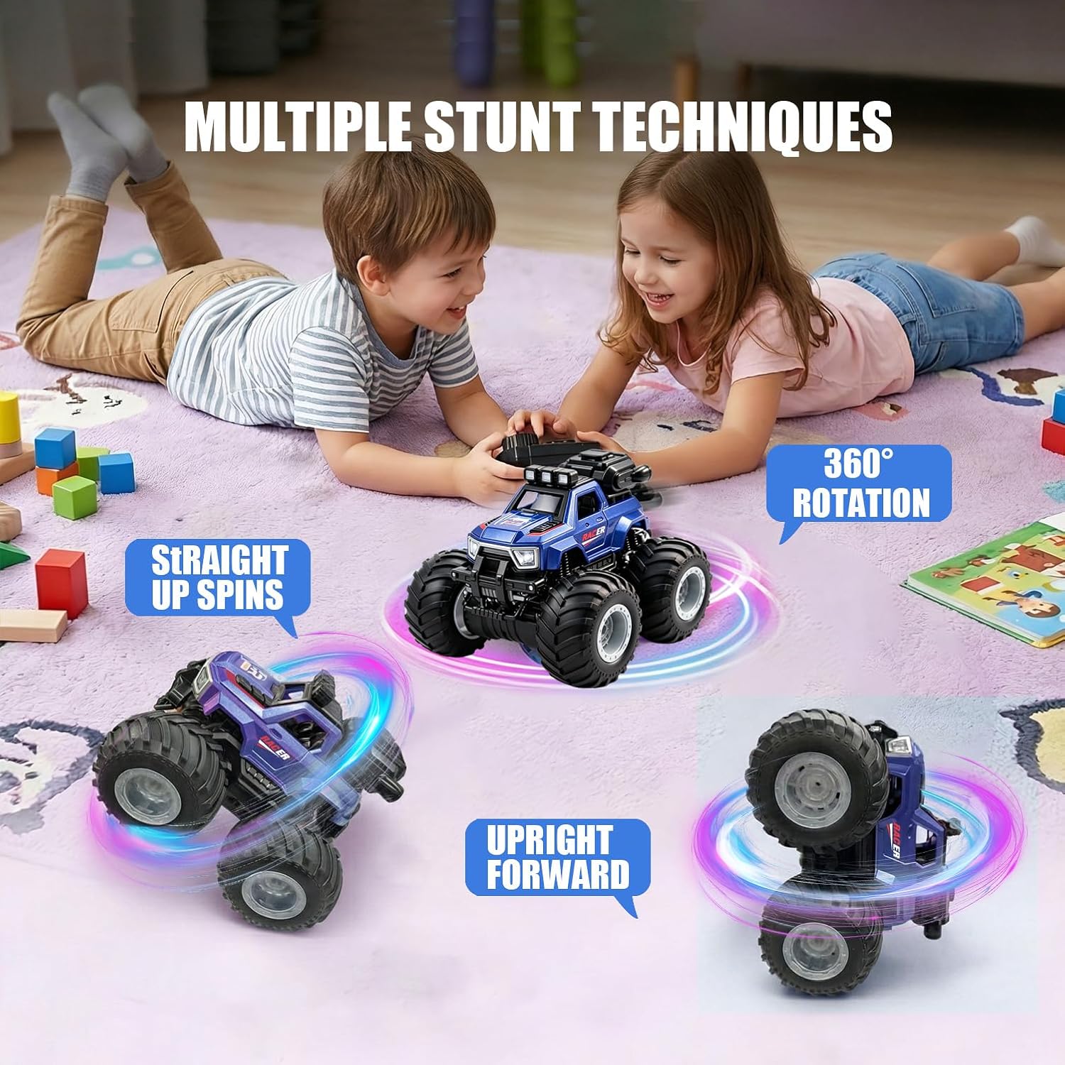 BEZGAR 1:18 Scale Remote Control Monster Truck, 4WD Monster Truck Toys with Music, Mist Spray & LED Light, 360° Stunt Spins RC Truck Toys for Boys 4 5 6 7 8 9 Years Old(Blue)