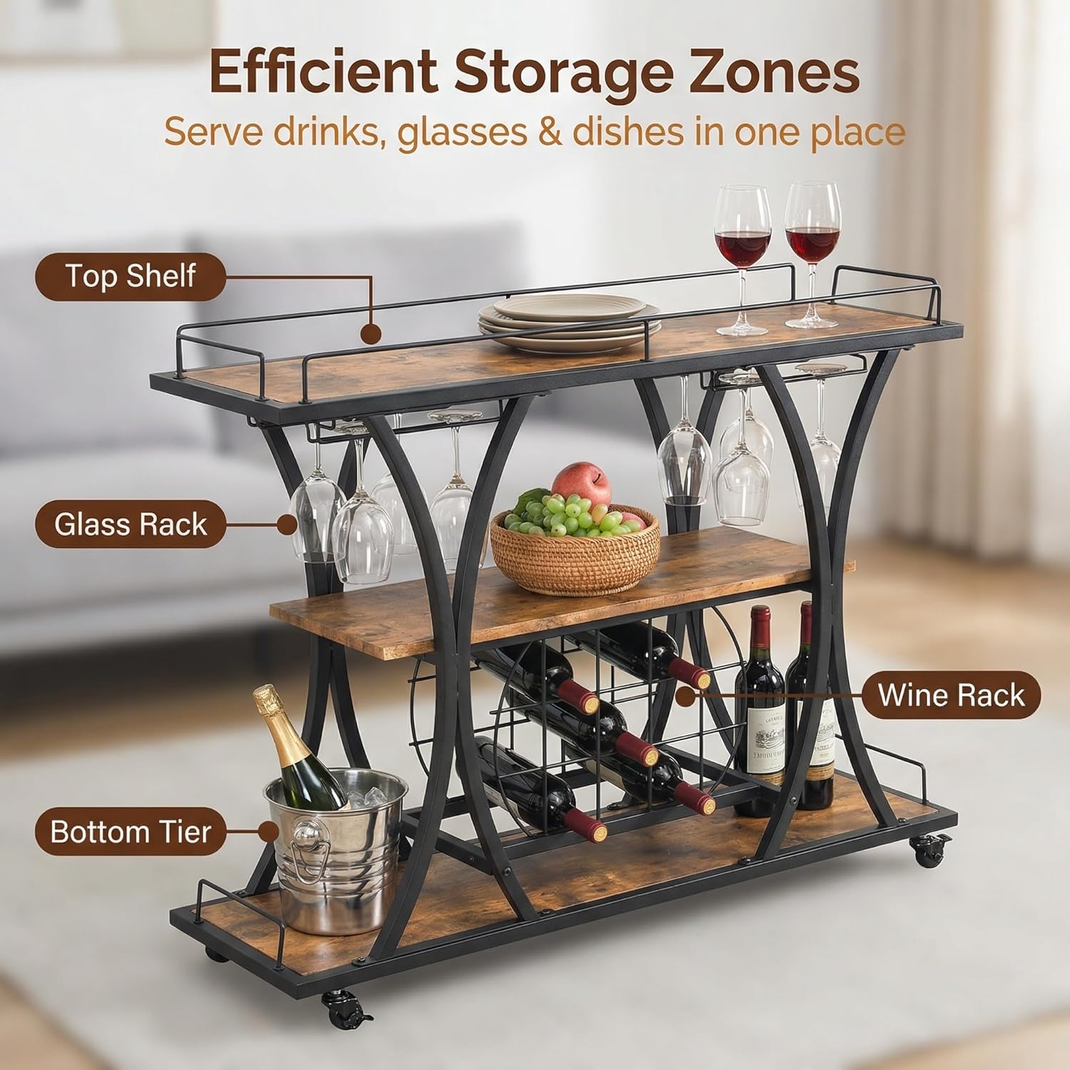 PAG Wood Rolling Bar Cart with Wheels for Home, 3 Tier Freestanding Wine Rack Coffee Cabinet with Glass Holder for Kitchen/Dining Room/Living Room, Antique Brown