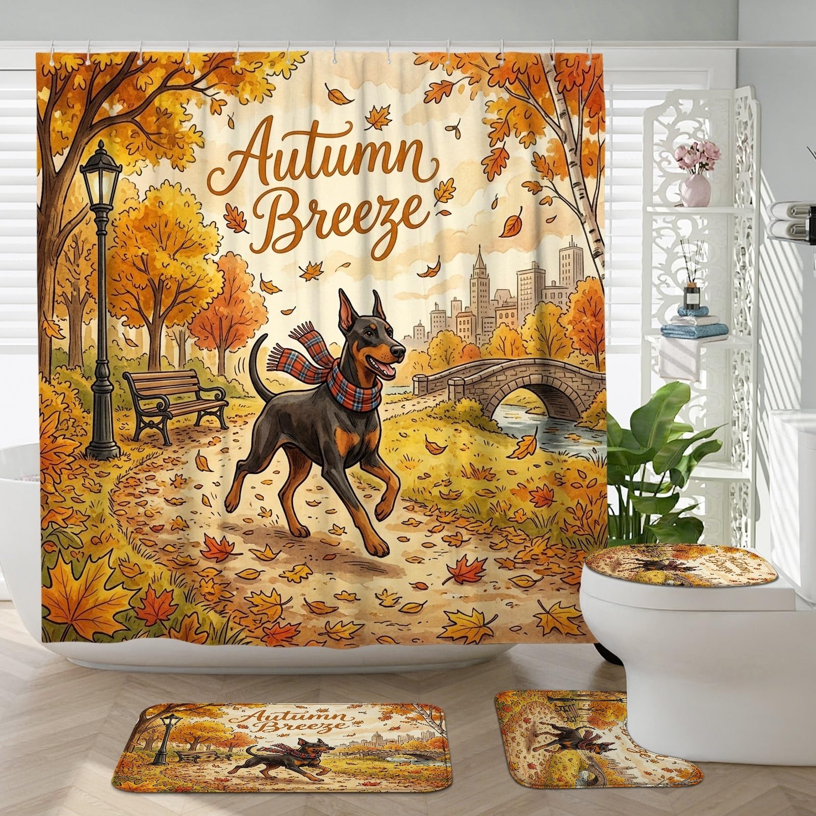 Rideaux de douche Doberman tapis de bain feuille automne décoration wc accessoires de salle de bain