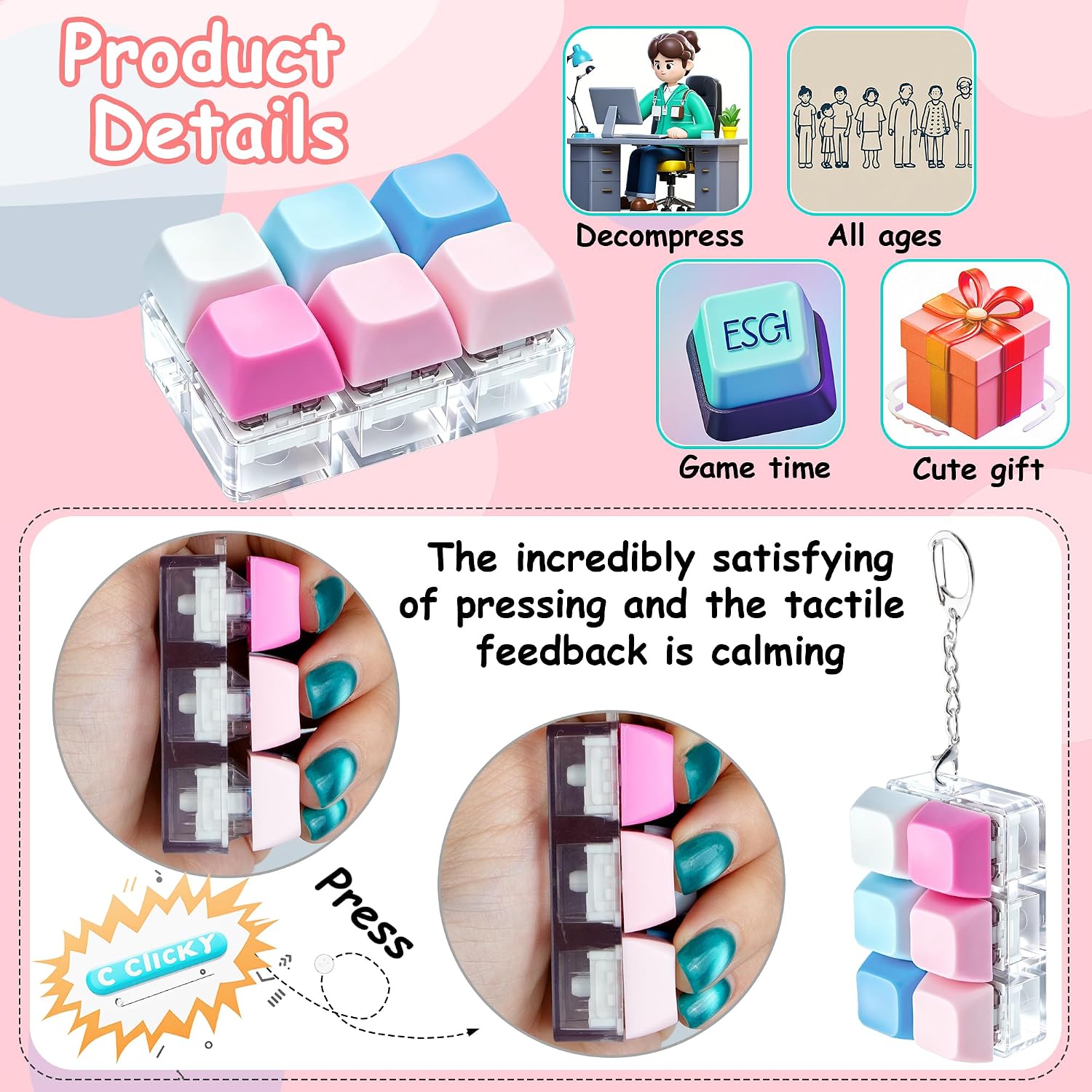 6-Key Keyboard Fidget Toy Keychain, Mini Finger Clicker Sensory Buttons, Pocket Stress and Anxiety Relief Toy, Focus Fidget Gift for Adults, Office and Travel(White Blue Pink) image 3
