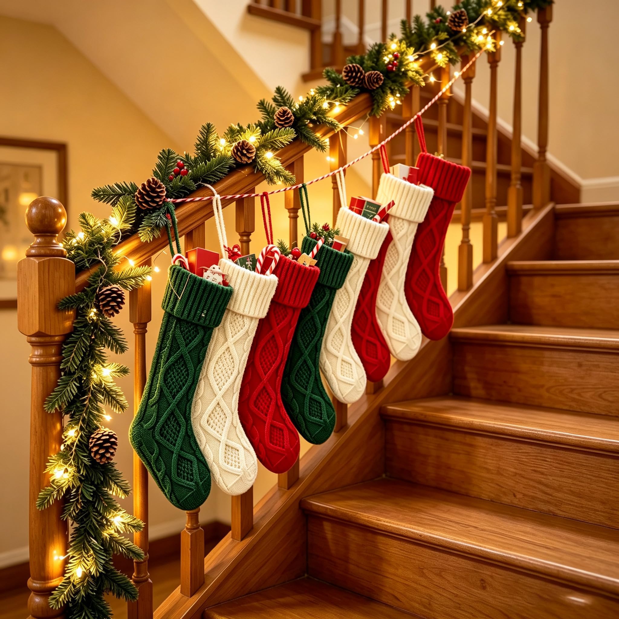 Lot de 6 chaussettes de Noël en tricot torsadé avec étiquettes | Lot de 6 grandes chaussettes de Noël en tricot avec étiquettes en bois personnalisées – Design en tricot torsadé pour