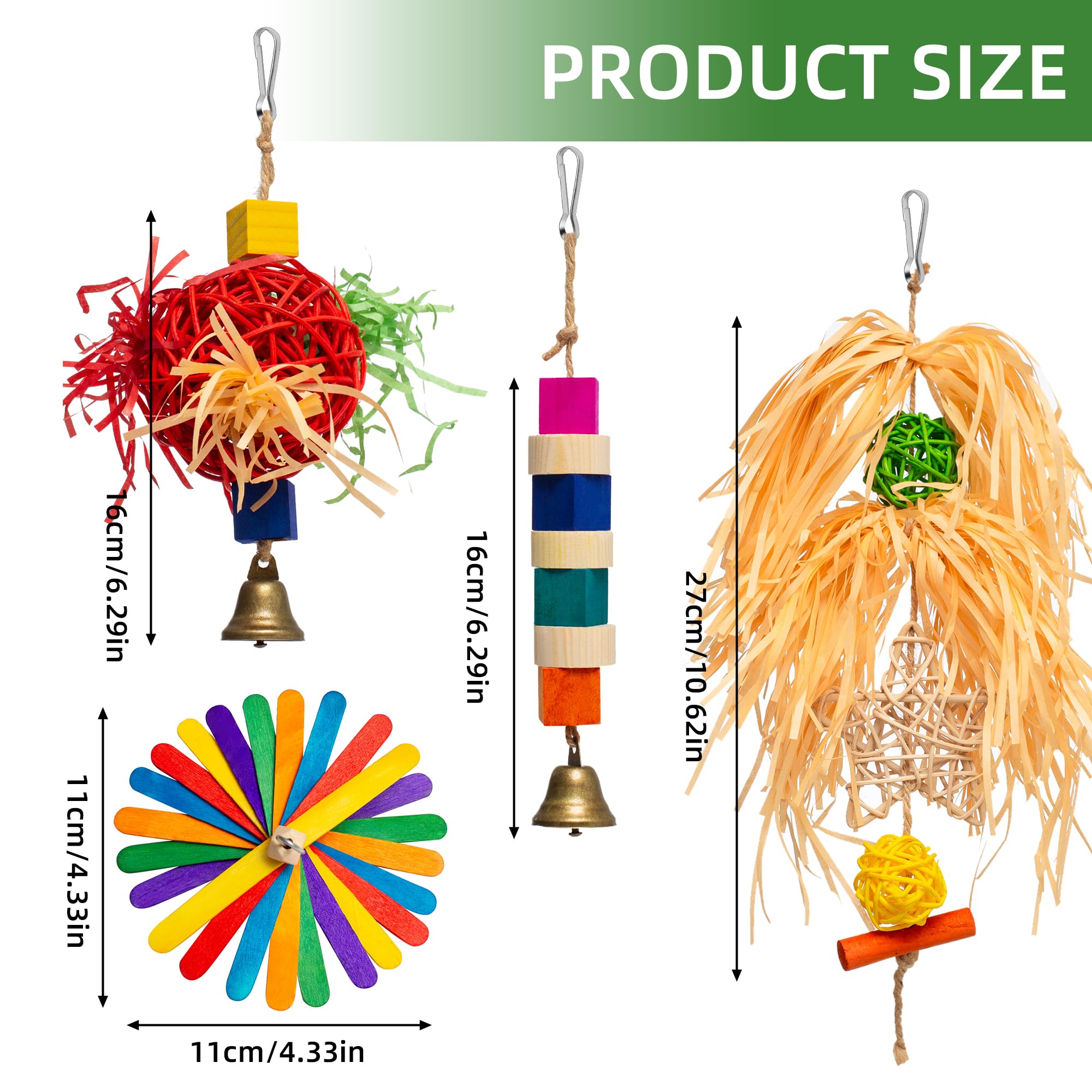 4-in-1 Hanging Bird Toy Set - Raffia Chew Balls, Wood Blocks & Bells for Foraging - Small Parrot Cage Toys for Conures, Lovebirds Under 150g (30-Day Play Guarantee) - image 2