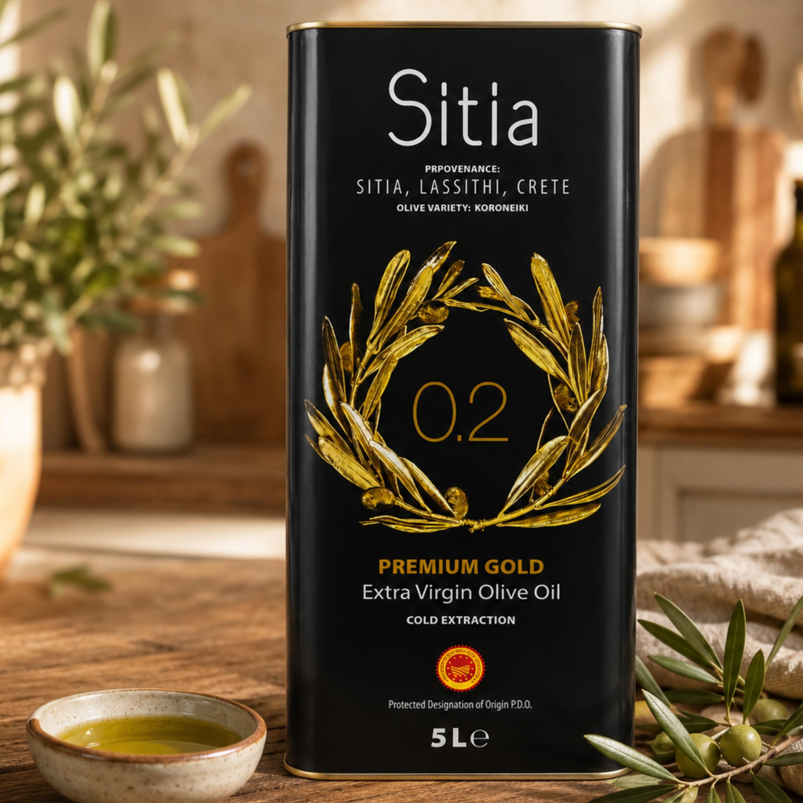 SITIA Premium Gold | Olivenöl Extra Vergine 5 l | Kreta | Polyphenole | Koroneiki-Oliven, Kaltextraktion, 0,2% Säure, g.U. Sitia Lasithiou Kritis, neue Ernte, für Kochen, Braten und Salate