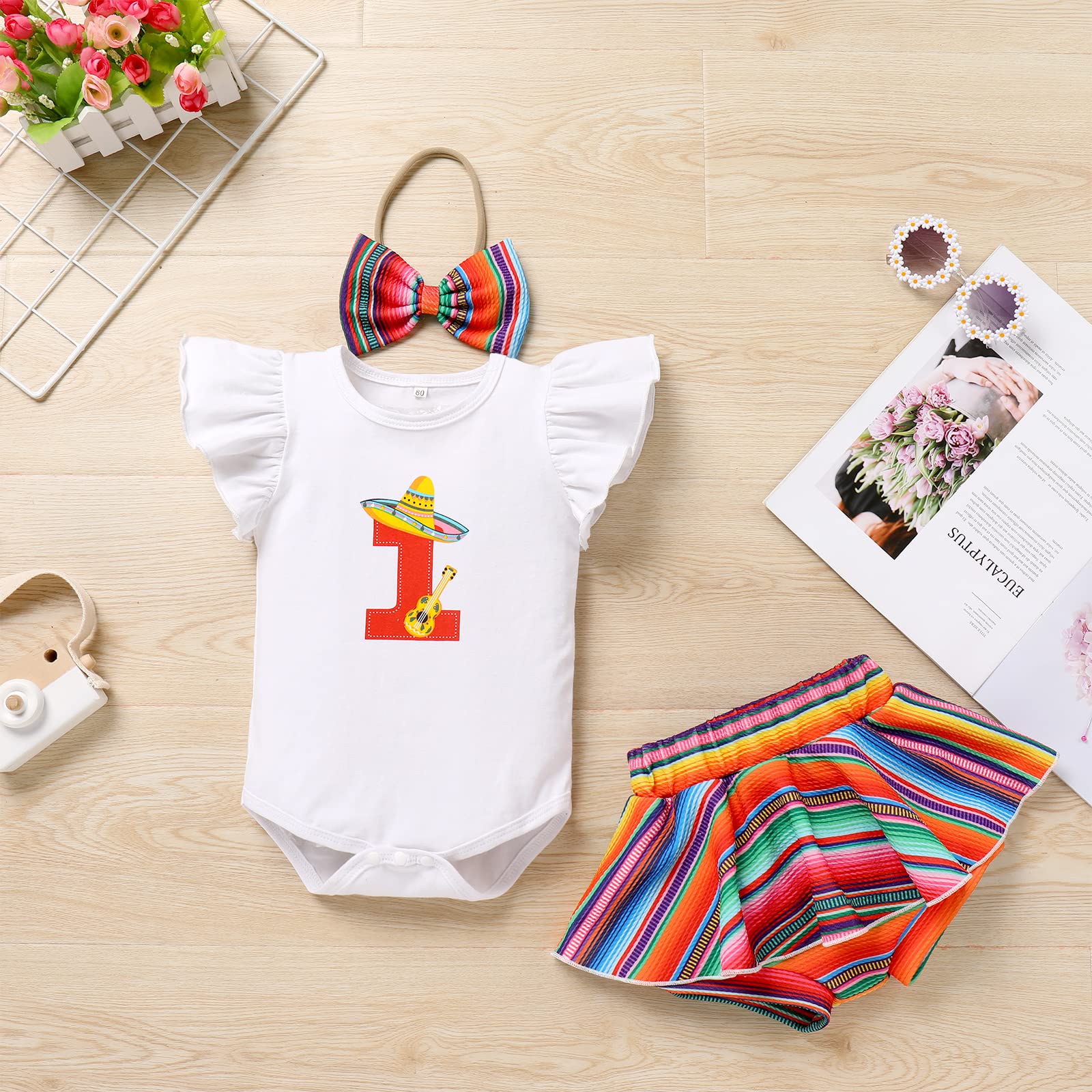 Baby Girls Cinco de Mayo 1st Birthday Outfit Rainbow Striped Romper Tutu Skirt with Diaper Cover Bloomers and Headband Mexican Fiesta Party Birthday Cake Smash Clothes Rainbow Striped 12-18 Months