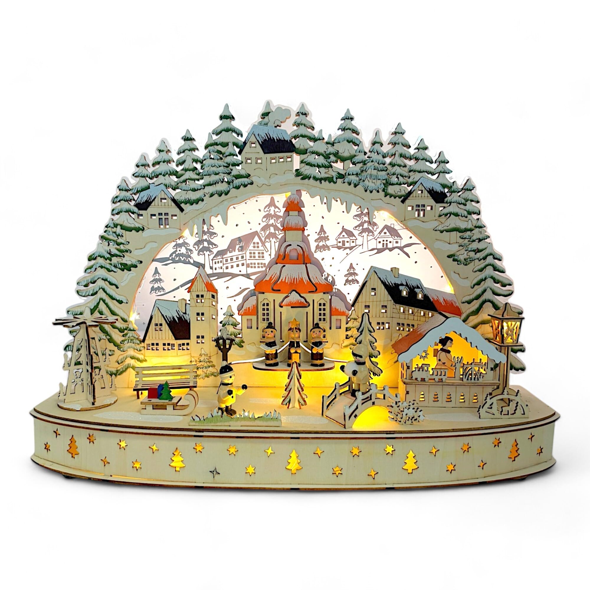 Wichtelstube-Kollektion LED Schwibbogen Seiffener Kirche Weihnachtsmarkt Winterlandschaft, Lichterbogen indirekt beleuchtet Schwippbogen Echtholz beidseitig bemalt