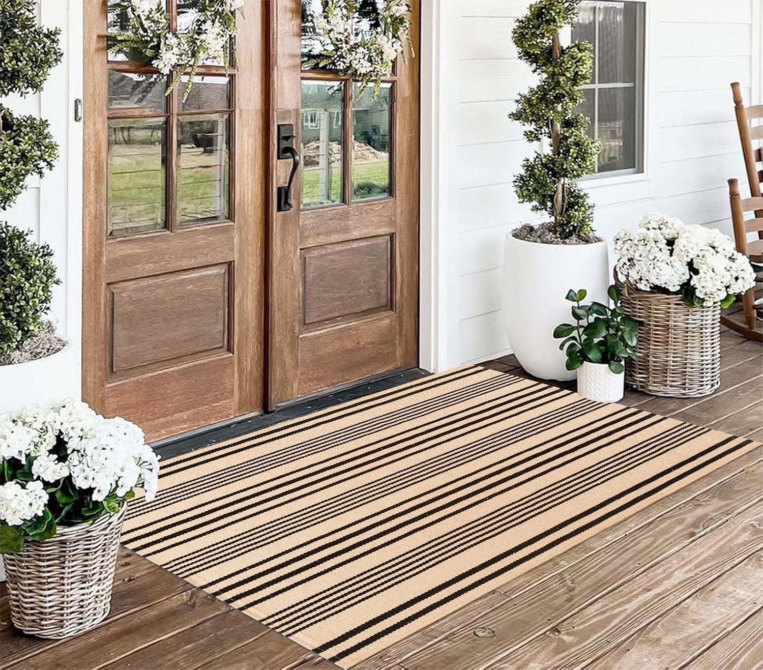 Front Porch Rug 24'' x 51'' Black and Tan Outdoor Rug Washable Door Mat Outdoor Entryway Rugs Cotton Woven Welcome Layered Doormat for Kitchen/Living