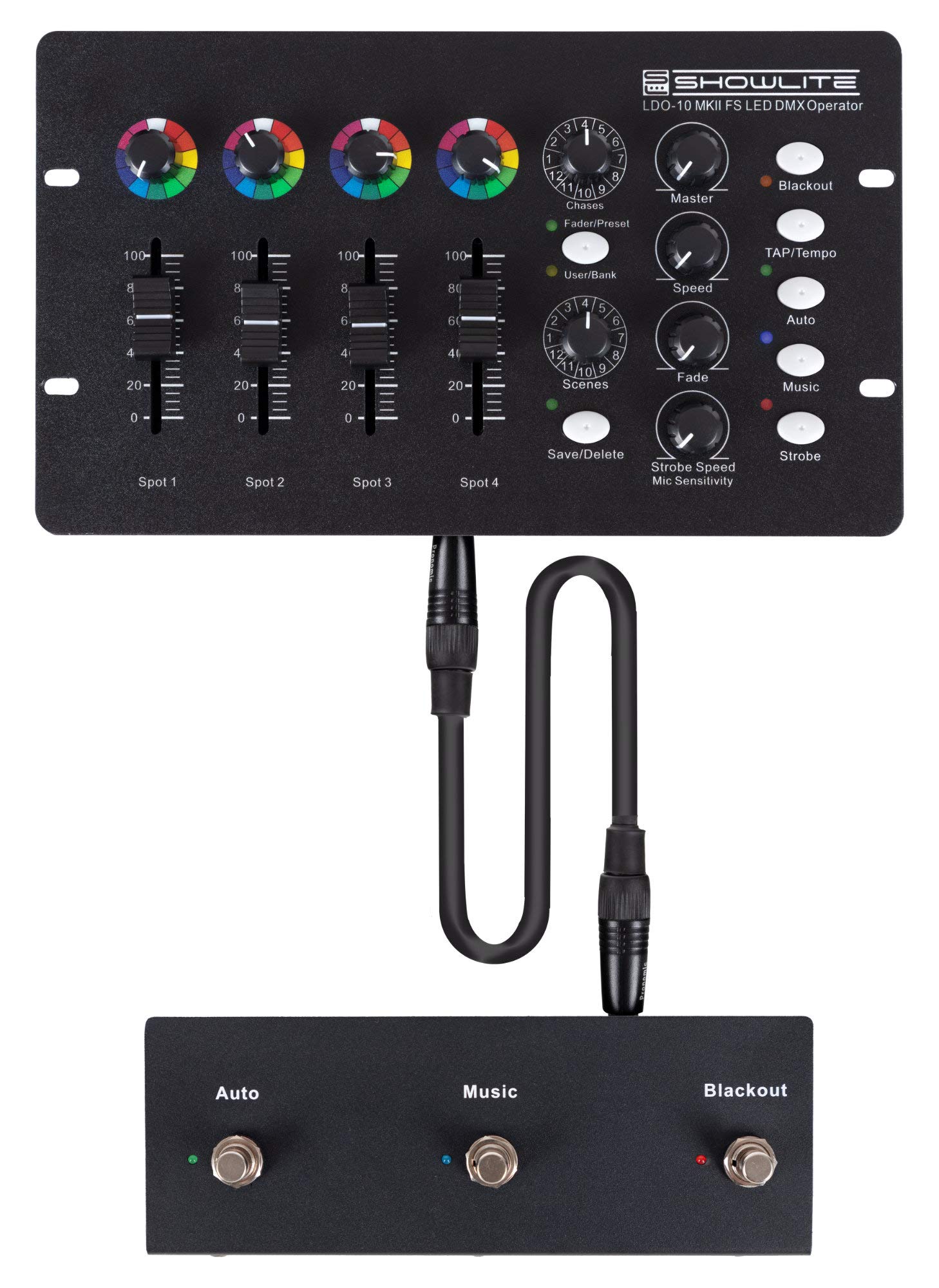 Showlite LDO-10 MKII FS LED DMX Operator + Footswitch Set - DMX-Controller für LED-Scheinwerfer - Ideal für Alleinunterhalter, kleinere Bands oder Kneipen - Set inklusive Fußfernsteuerung und Kabel