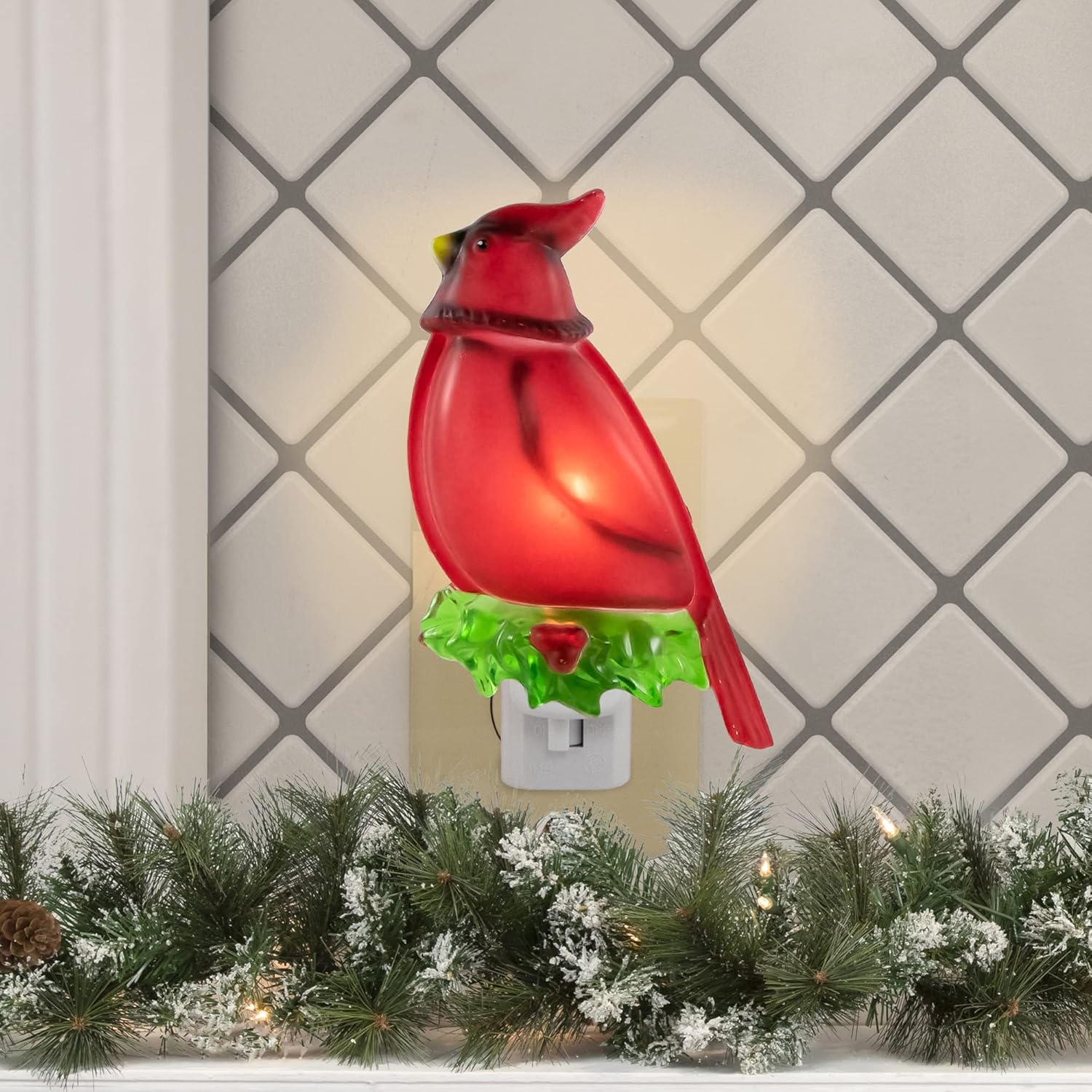 Red Cardinal Bird with Holly Berry Foliage Christmas Night Light - 5.5"