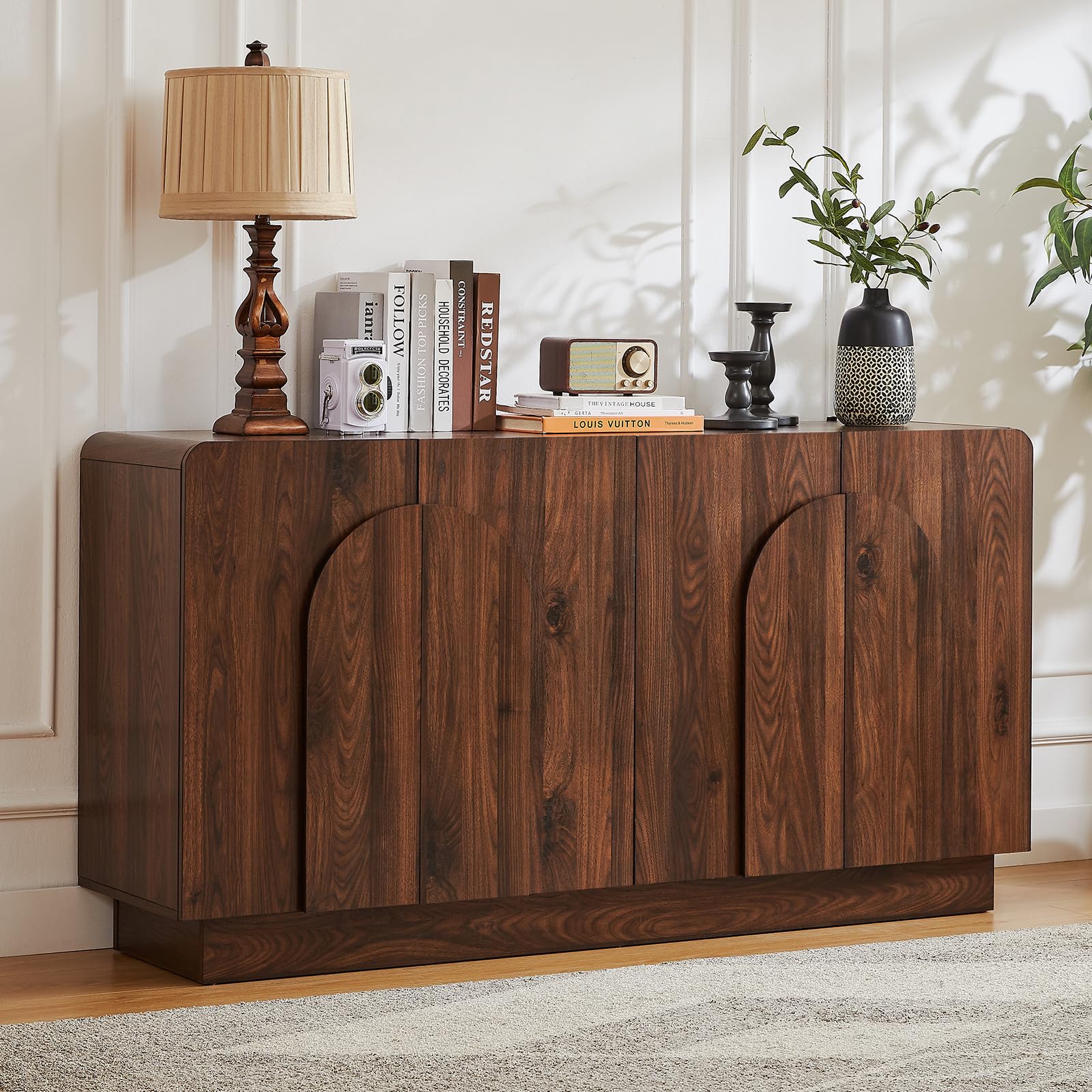 ONBRILL Sideboard Buffet Cabinet with Storage, Farmhouse Curved Design Accent Cabinet with 4 Doors & Adjustable Shelves, Modern Coffee Bar Credenza for Living Room, Kitchen, Hallway (Walnut)