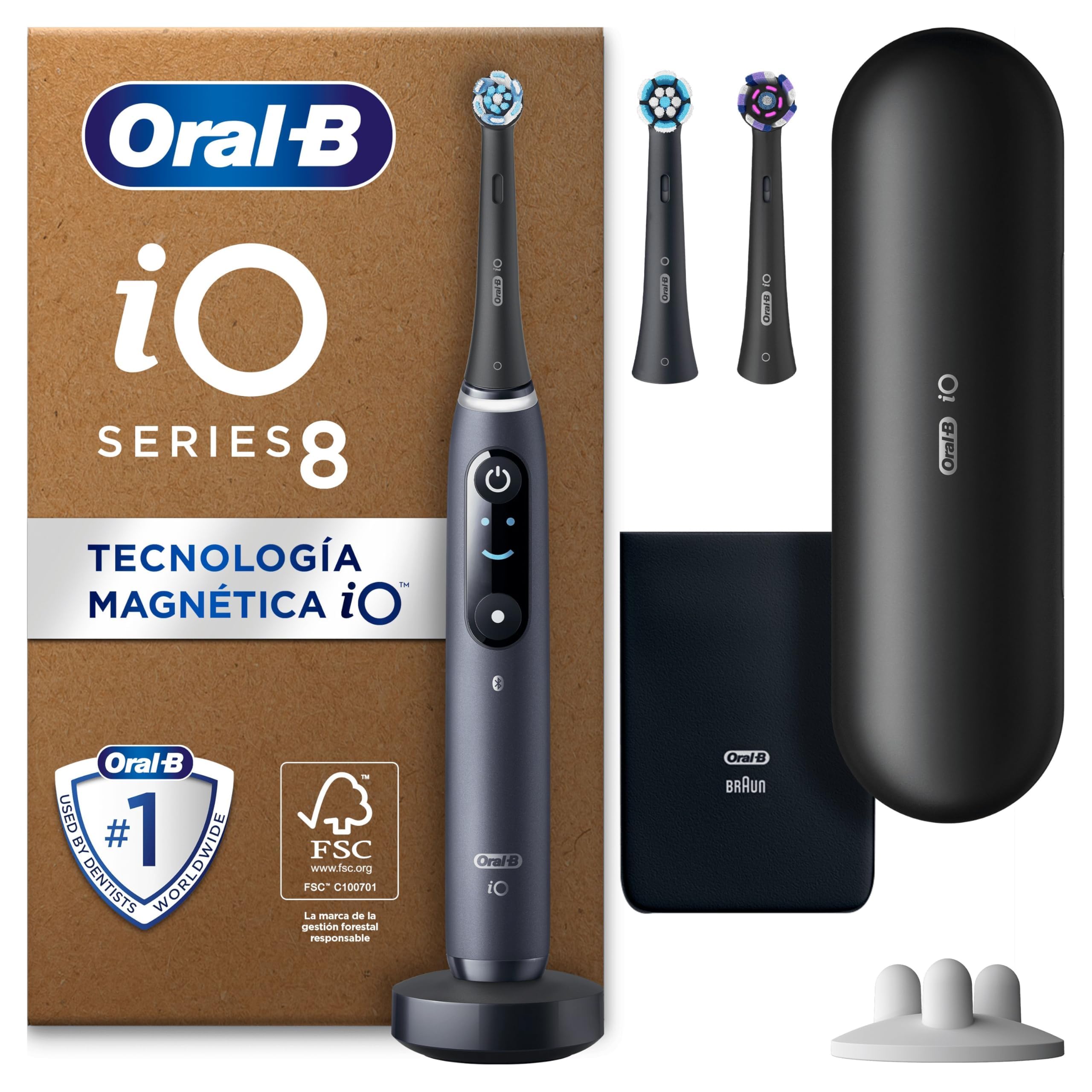 Oral-B iO 8N Cepillo de Dientes Eléctrico con Mango Recargable, 3 Cabezales y Estuche de Viaje, Diseñado por Braun, Regalos Originales para Mujer y Hombre - Negro