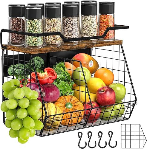 Magnetic Shelf for Fridge with Wood Lid & 4 Hooks, Fruit Potato & Onion Storage Bins, Pantry Organizer & Storage, Large Container Magnetic Spice de jijoe