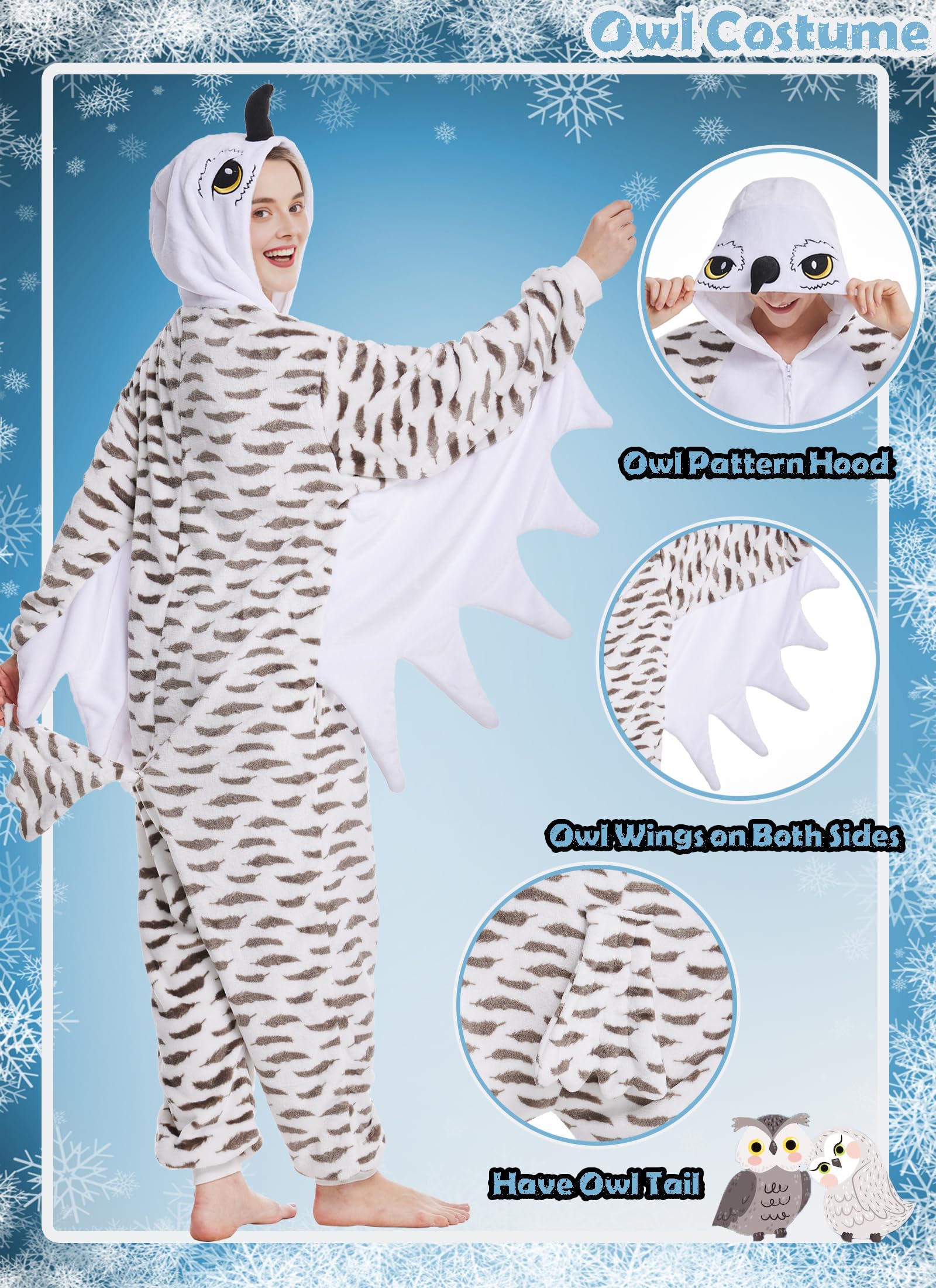 Kidukso Pijama de búho para adultos, diseño de búho, pijamas, Navidad, carnaval, color blanco