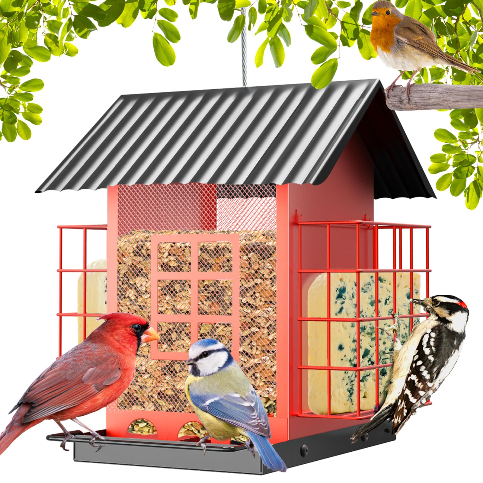 Bird Feeders for Outdoors Hanging, Metal Bird Feeder with Double Suet Cage Cake, Large Capacity, Birdfeeders Sturdy & Weatherproof, Easy to Clean & Refill, Great for Attracting Wild Birds
