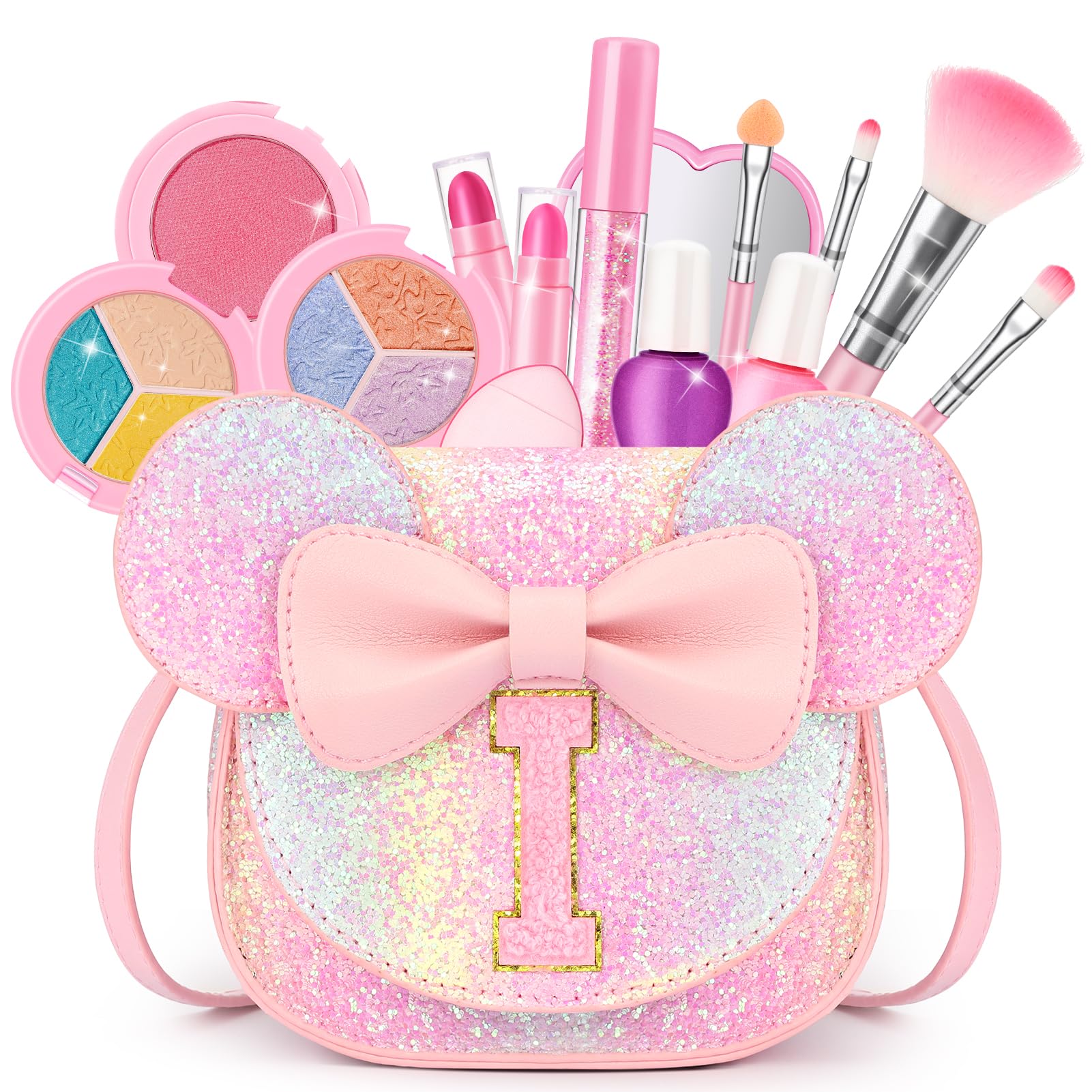 Kids Makeup Kit for Girl, 15Pcs Real Washable Make Up Set &amp; Purse Rainbow I