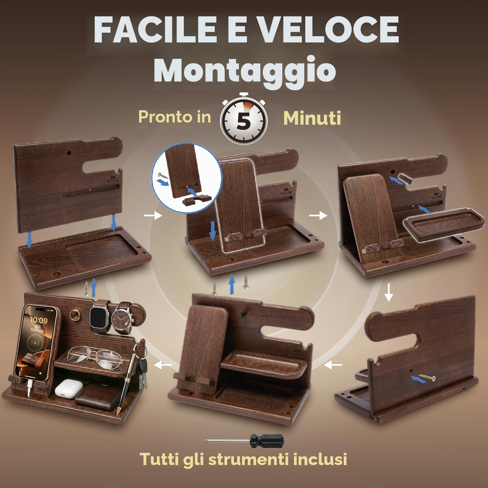 Teslyar Docking Station in Legno Massello di Frassino, Organizer da Comodino per Smartphone, Orologio, Portafoglio | Idea Regalo Uomo/Donna per Natale, Marito, Moglie, Papà (Marrone)