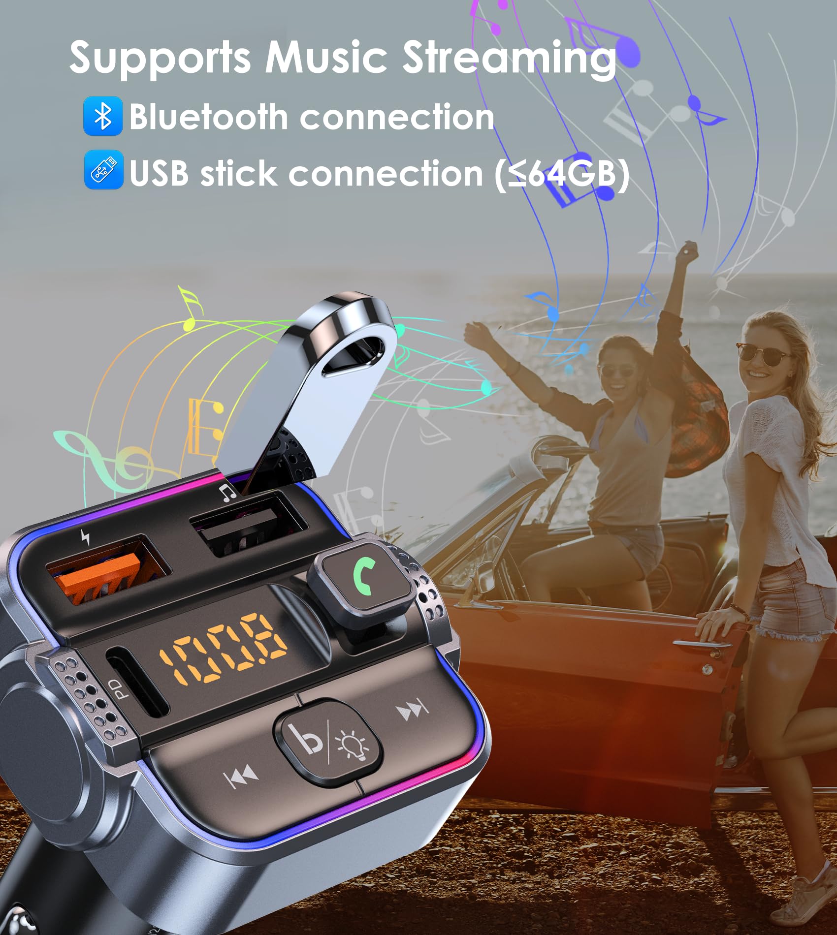 Tsnam Transmisor FM Bluetooth 5.3 para coche, receptor de radio inalámbrico con manos libres y micrófono dual, cargador rápido PD de 30 W y QC3.0