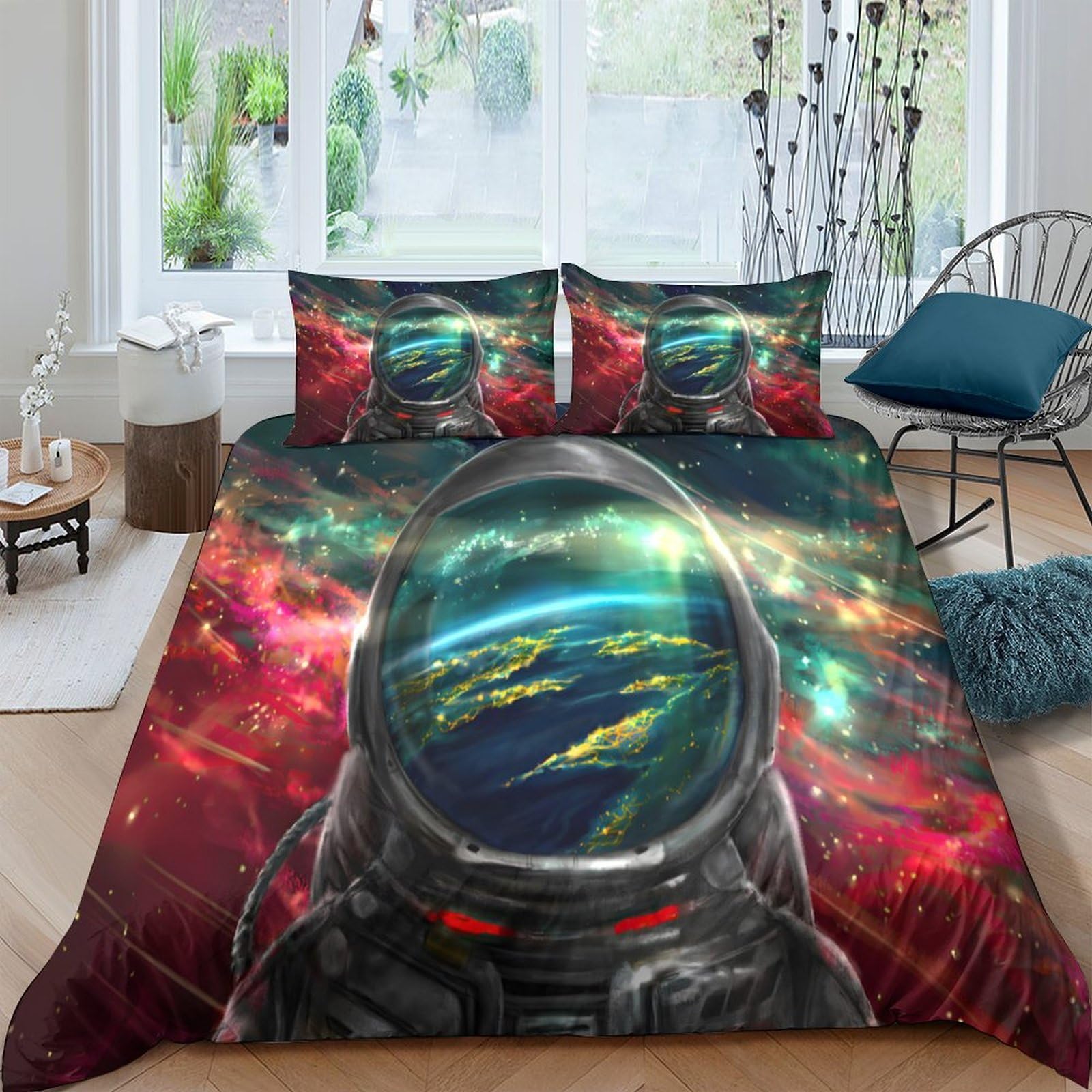 GPLZQXKJNH 3D Printed Space Astronaut Duvet Cover Microfiber Soft Breathable Nebula Quilt Cover Set with 2 Pillowcases for Bedroom Home Single（135x200cm）