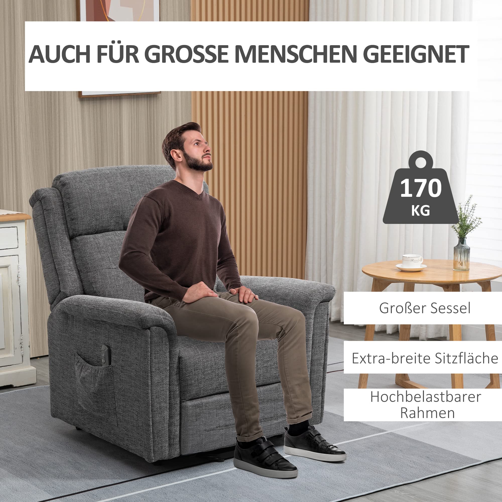 HOMCOM Fernsehsessel mit Aufstehhilfe Elektrisch Relaxsessel mit Liegefunktion, Fernbedienung 2 Motoren, TV-Sessel mit Seitentasche Leinen-Optik Seniorensessel Grau
