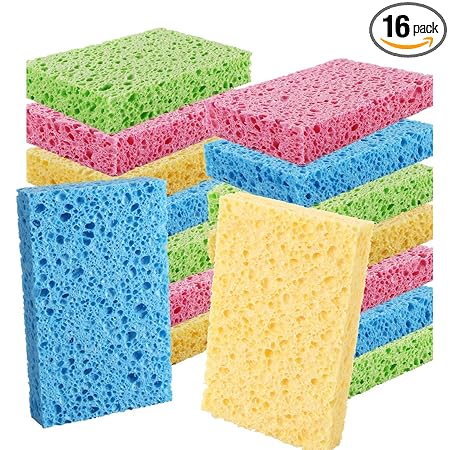 Cleaning Scrub Sponge,Non-Scratch Kitchen Cellulose Dishwashing Sponge,16Pack Extra Thickness Colored Biodegradable Natural Sponge with 2Pack Metal Scrubber