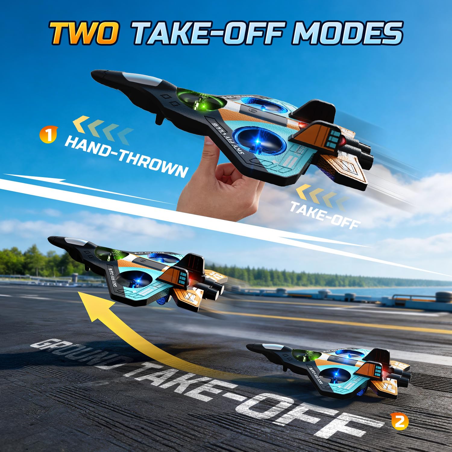 DEERC Avión de espuma RC para niños, avión teledirigido con altitud, volteos 3D y luces LED, 2 baterías, avión teledirigido para principiantes para niños y niñas (azul y naranja)