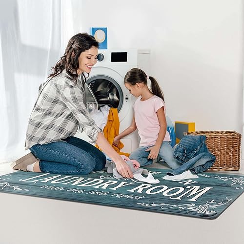 Miniatura 6 de Lansny Alfombra de lavandería de 20 x 60 pulgadas, antideslizante, impermeable, para decoración de lavandería, alfombra lavable para lavandería,