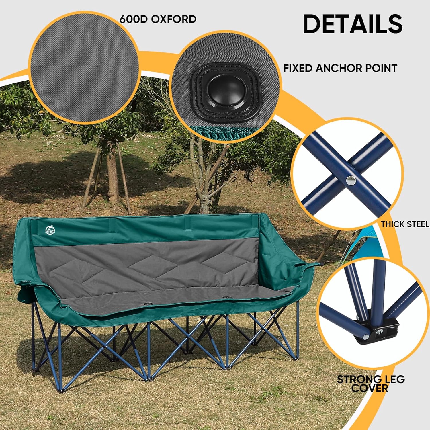 Northroad 3 Person Camping Chair Oversized 900 Lbs Outdoor Lawn Loveseat Chair Padded Folding Chairs for Adults Heavy Duty Soccer Chair w/Cup & Wine Glass Holder for Outside Picnic, Beach, Sports