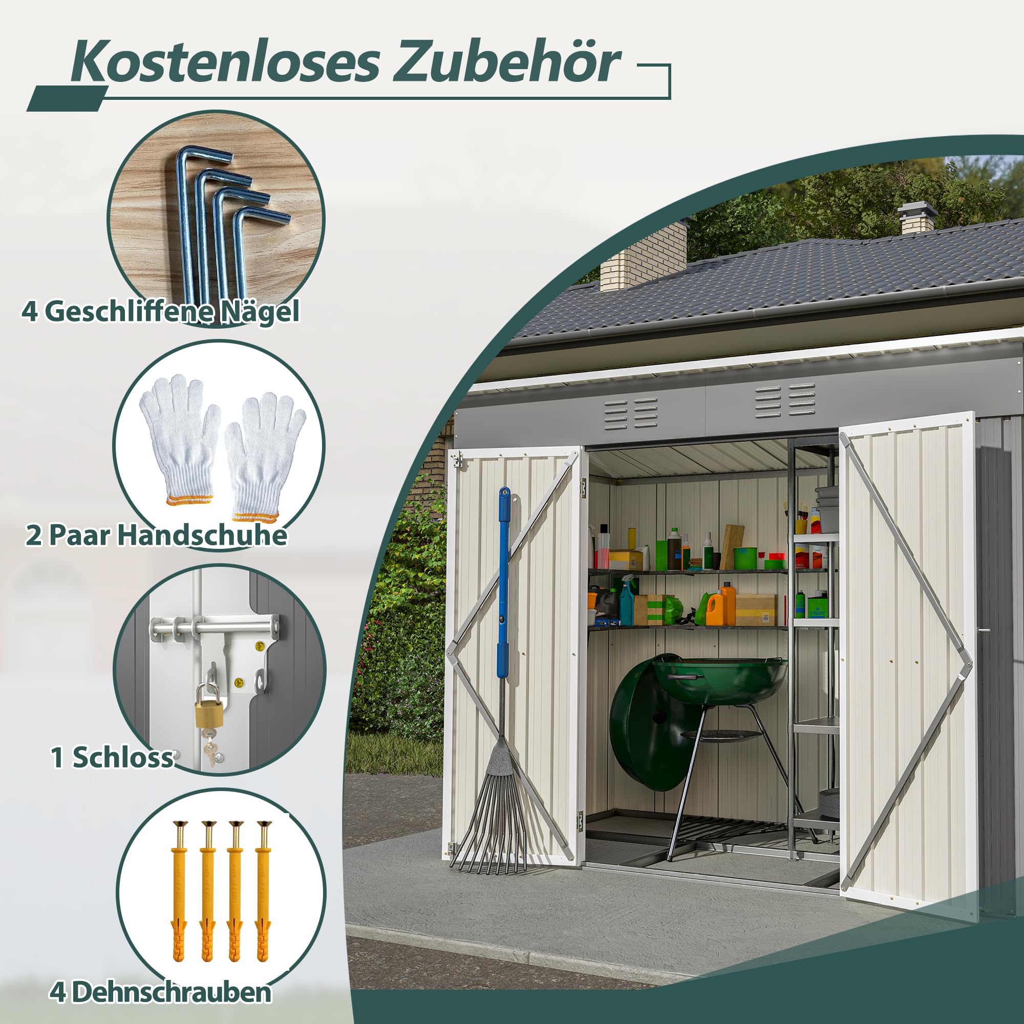 DRIXNO Metall Gerätehaus, 229x111x182 cm Garten Schuppen, Gartenhaus Geräteschuppen mit stabilem Metallfundament, Stauraum für Gartengeräte, Inkl Metallfundament, Ohne Boden, Grau