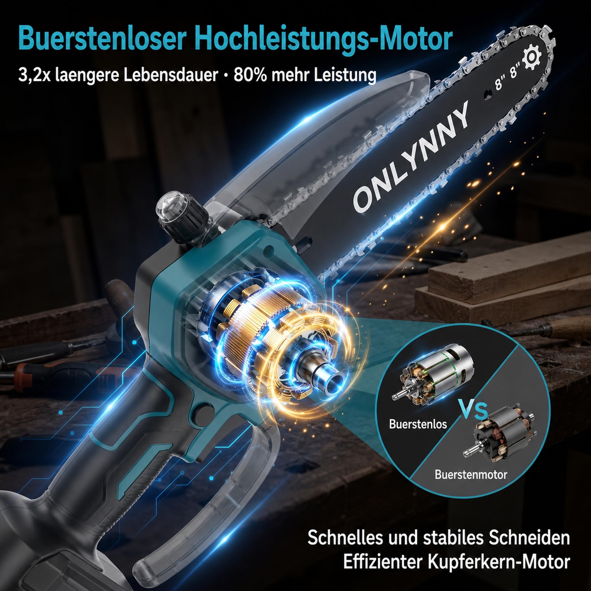 Kit 4-en-1 Tronçonneuse 8" & Sécateur Électrique, moteur brushless, 2 batteries 4Ah, perche télescopique portée 4,57m, outil élagage jardin arbres fruitiers