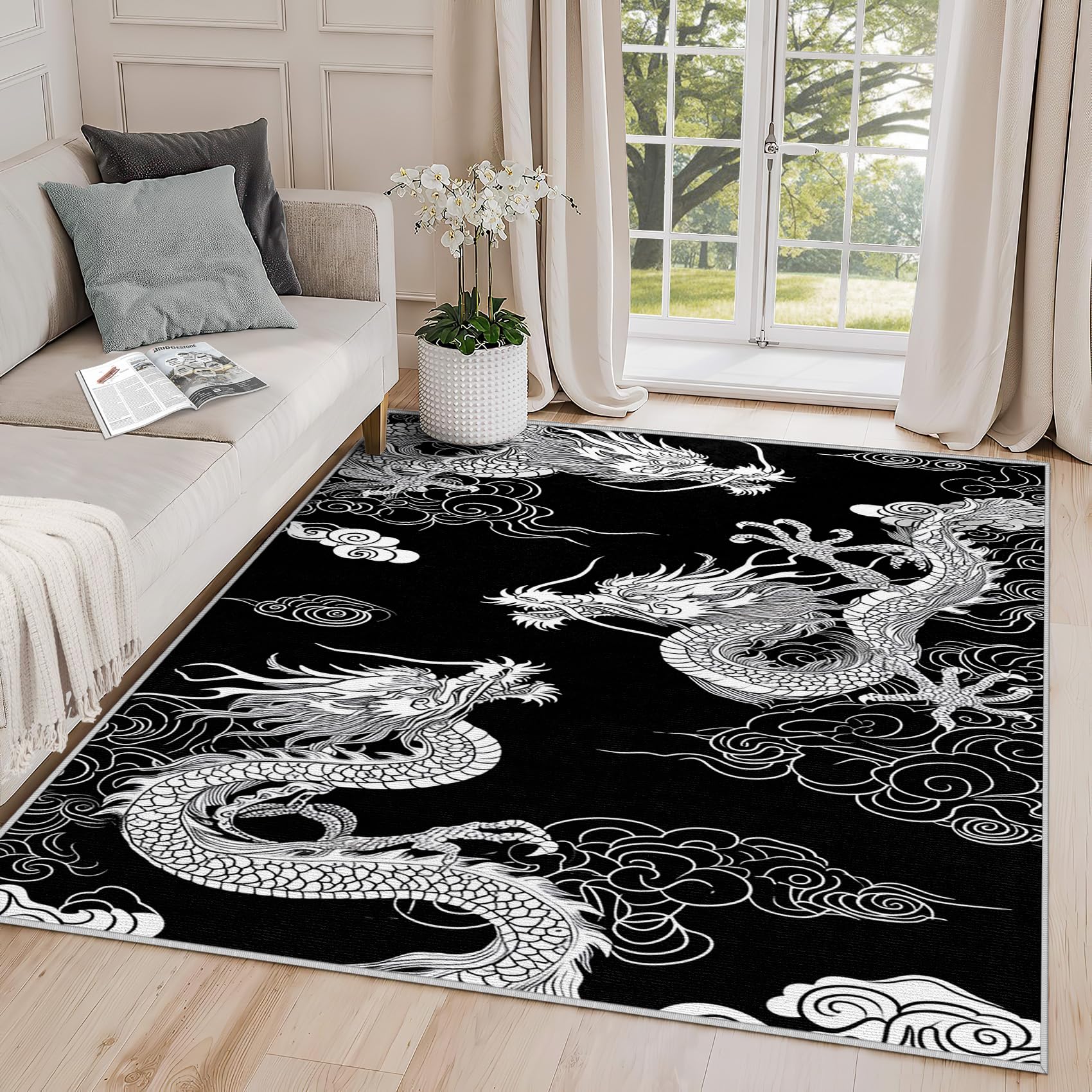 Yoozitrees 2x3 Rug, Chinese Dragon Door Mat, Japanese Black and White Rug, Asian Dragon Rugs for Entryway, Washable & Non Slip & Soft Low Pile Small
