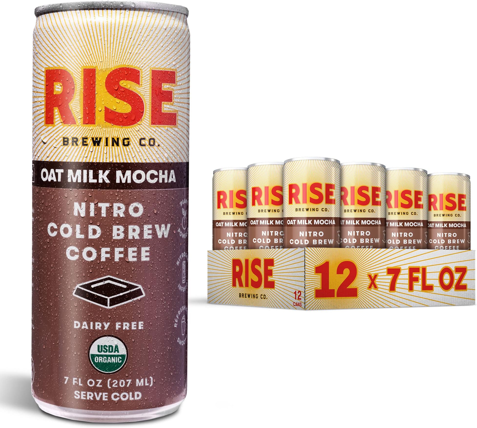 RISE Brewing Co. Oat Milk Mocha Nitro Cold Brew Latte, Vegan & Non-Dairy, Organic, Non-GMO, Low Acidity, 7 fl. oz. Cans (12 Pack)