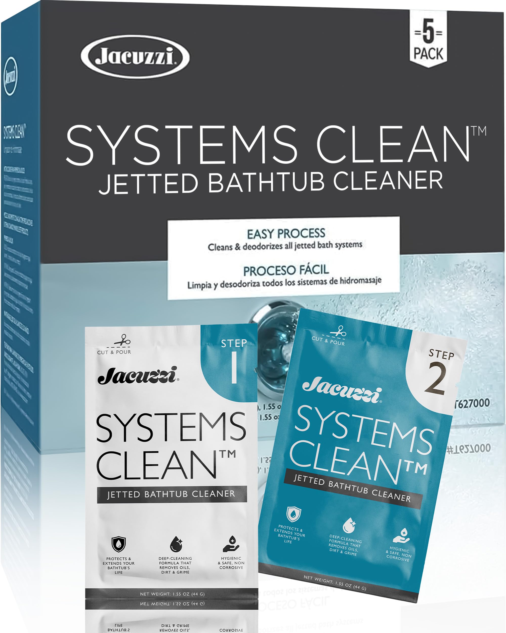Jacuzzi Systems Cleaner – 2-Step Jetted Bathtub Cleaning Solution, 5-Pack Per Step – Effective Bathtub Cleaner for Jets, Deep Cleaning Formula for a Clean and Clear Jetted Bath Experience