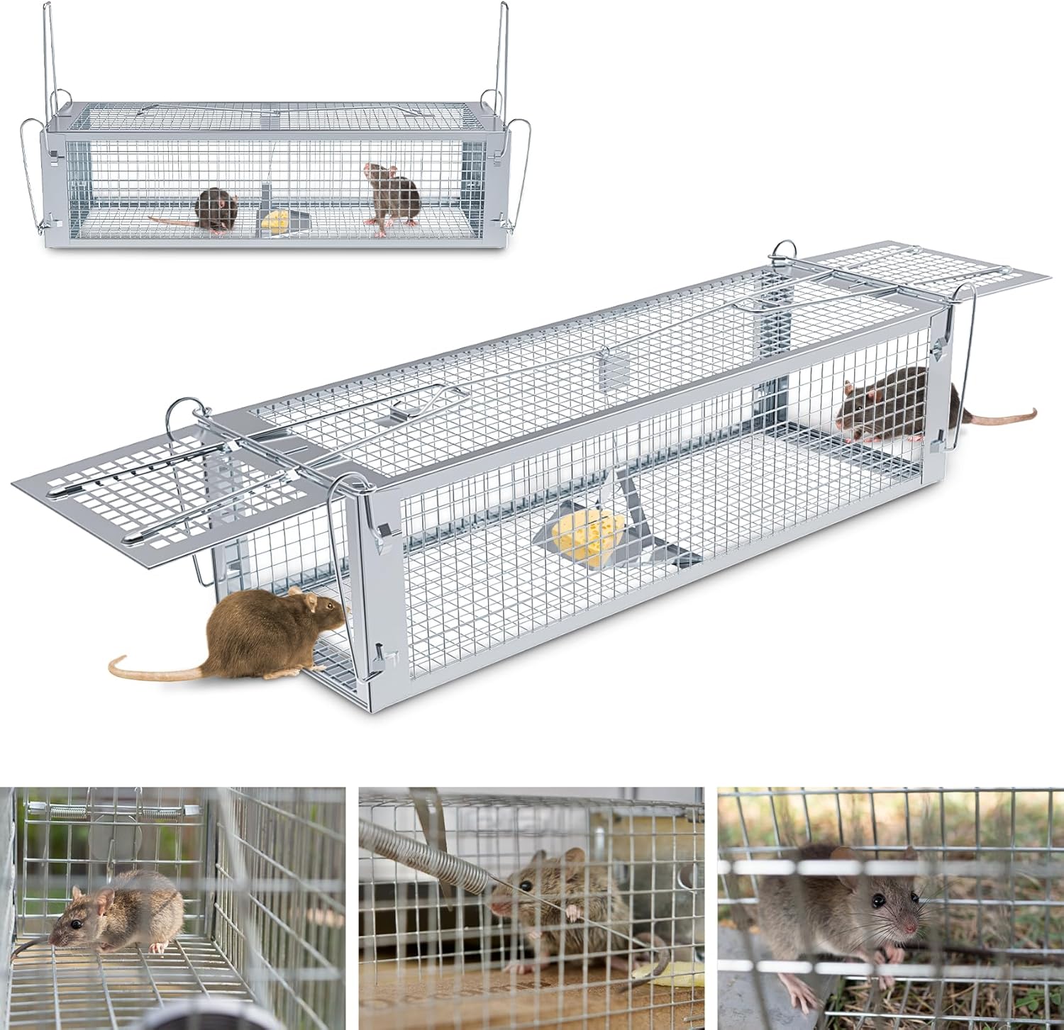 Humane Rat Trap, Large 2-Door Mouse Traps That Work for Indoor Home and Outdoor, Small Rodent Chipmunk Squirrel Trap and Other Live Animal Cage Catch and Release silver