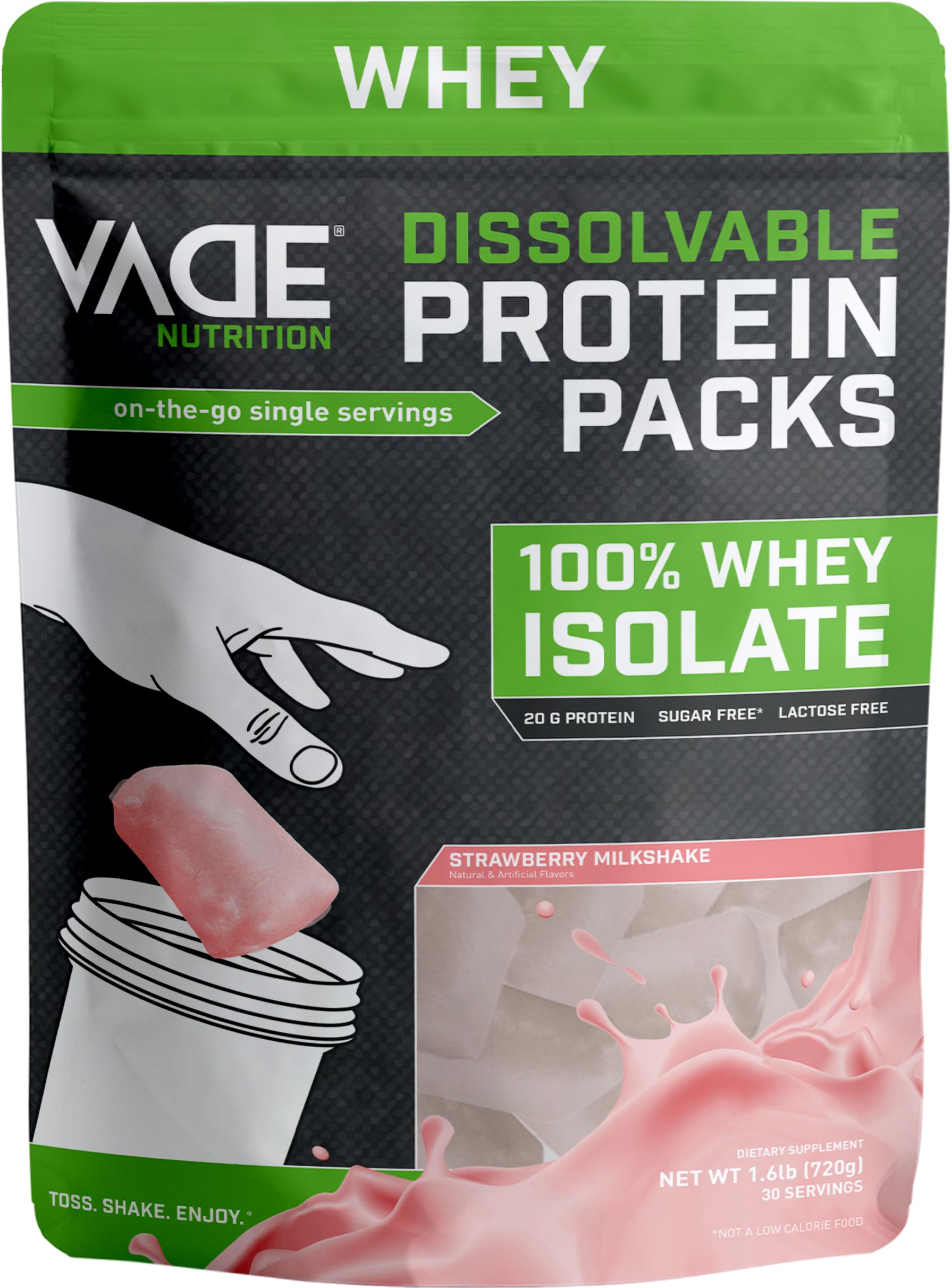 VADE Nutrition Dissolvable Protein Packs | Strawberry Milkshake Whey Isolate Protein Powder, On-The-Go, Low Carb, Low Calorie, Lactose Free, Gluten Free, Fat Free, Sugar Free, Lean, 30 Servings
