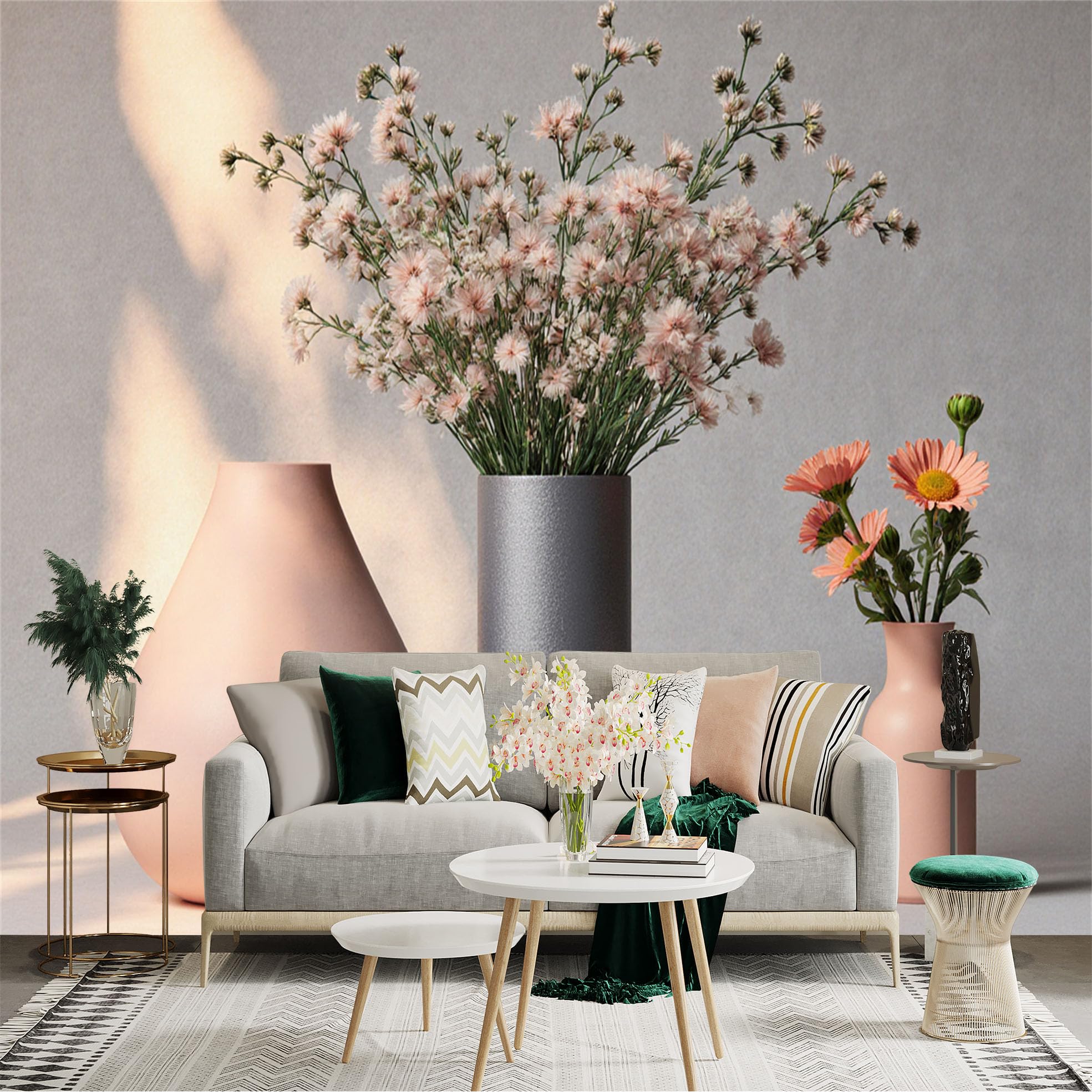 Custom Size Wall Sticker Mural， Pink Floral Bouquet， Minimalist Ceramic Vases， Soft Pastel Home Decor， Elegant Botanical Art， for wall Decoration， peelandstick wall Decals.