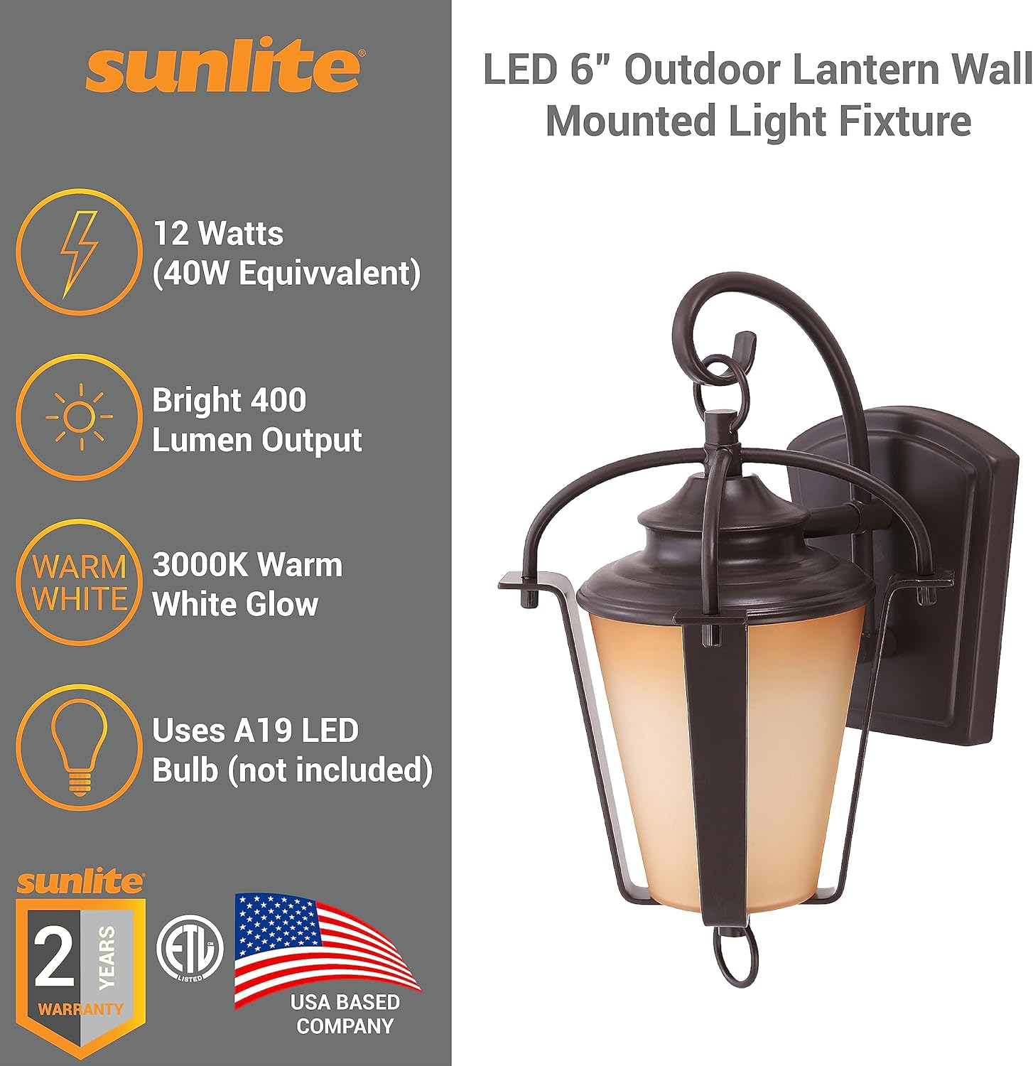 Sunlite 49025 LED 6” Outdoor Lantern Wall Mounted Light Fixture, 12 Watts (40W=), 400 Lumens, 3000K Warm White, 120 Volts, ETL Listed, Copper Bronze Finish, for Residential & Commercial Use