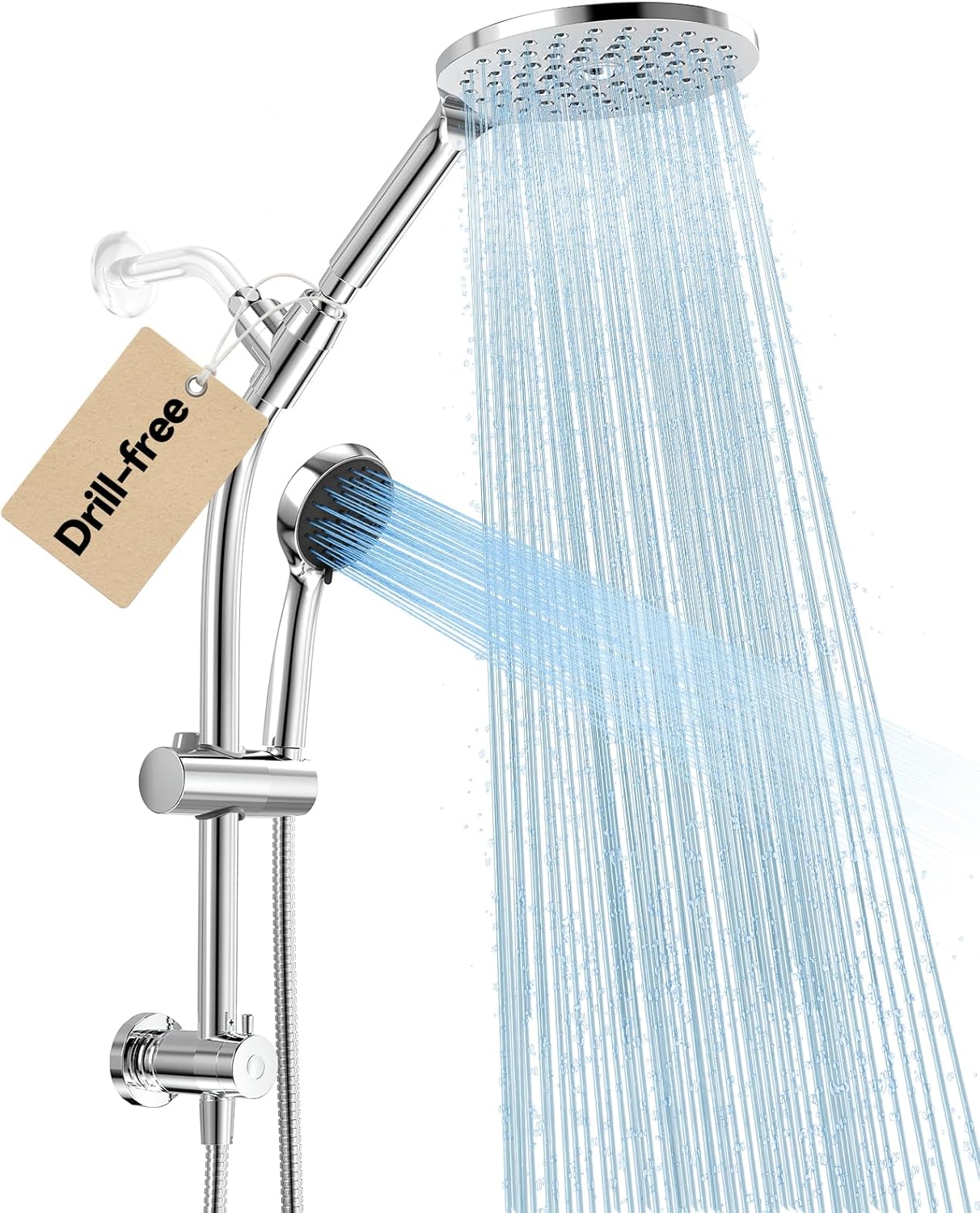 MakeFit Drill-free Dual Shower Head with Handheld Combo Rainfall Shower Head Easy Reach 3-way Diverter Stainless Steel Slide Bar with Height Adjustable Holder Adjustable Rain Showerhead (Chrome)