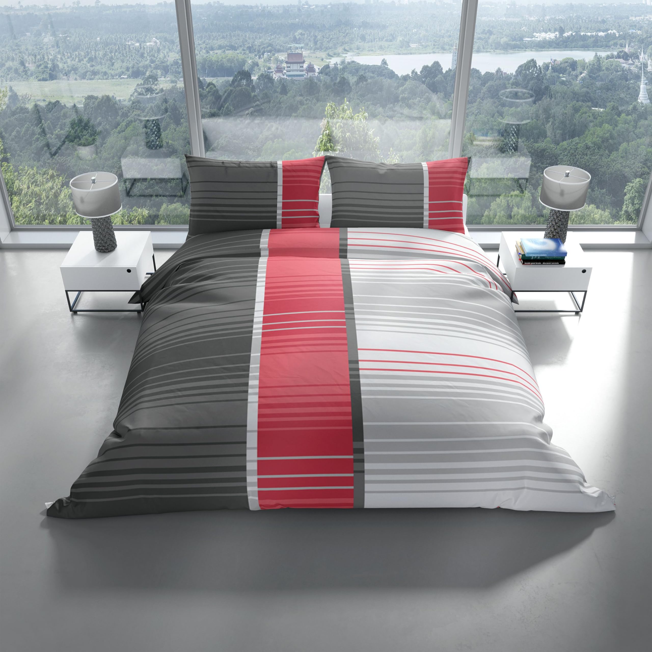 Biancheria Da Letto In Raso Damascato Leonado Vicenti – 100% Cotone, Nero, 4 Stagioni, Copripiumino 155x220 Cm Con Federa, Chiusura Lampo, Morbida E Ipoallergenica