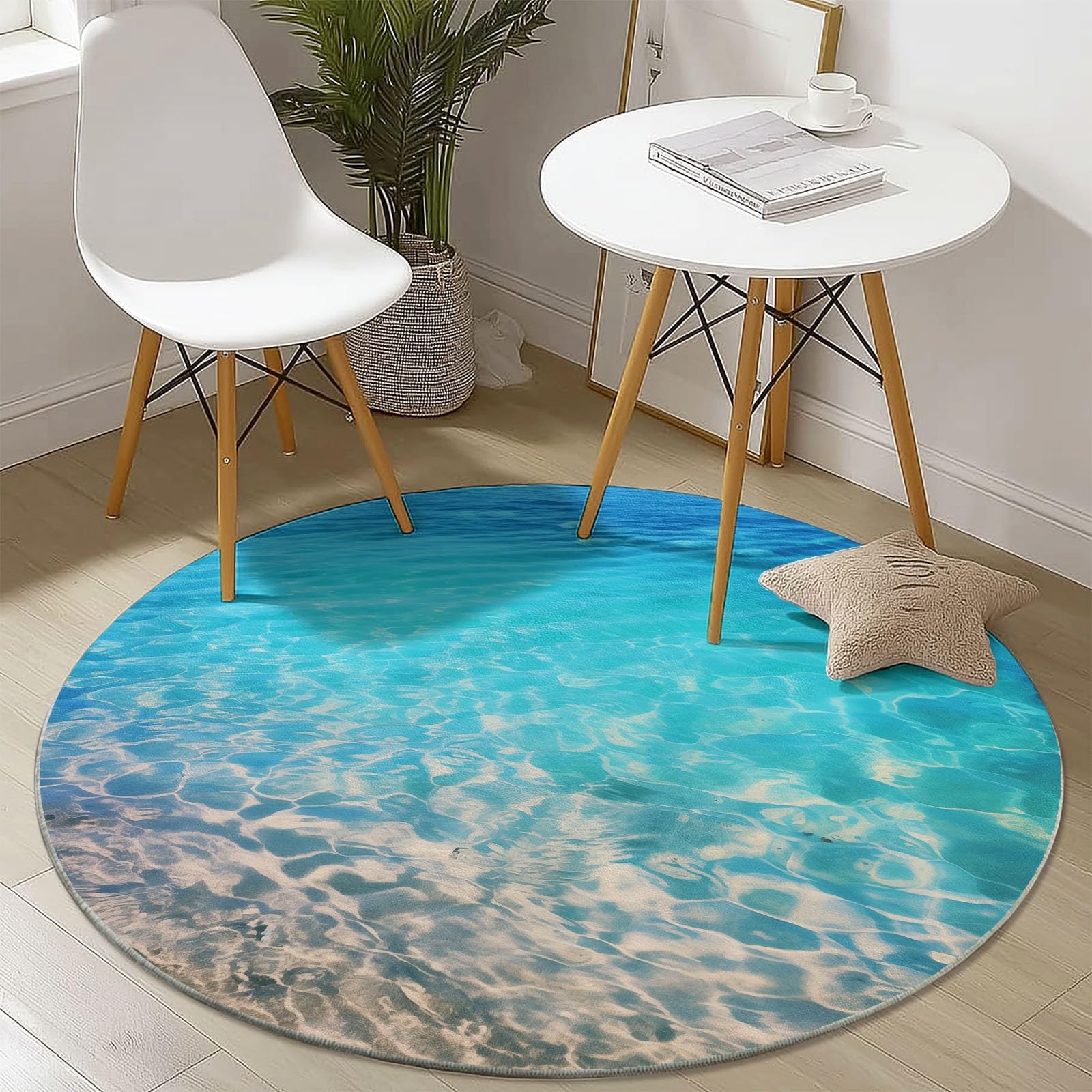 Generico Tappeto Rotondo Salotto Costiero Spiaggia Mare Tema, 120 cm Tappeto Camera da Letto Rotondo Grande Pelo Corto, Antiscivolo Tappeti Rotondi per Bambini Camera, Azzurro