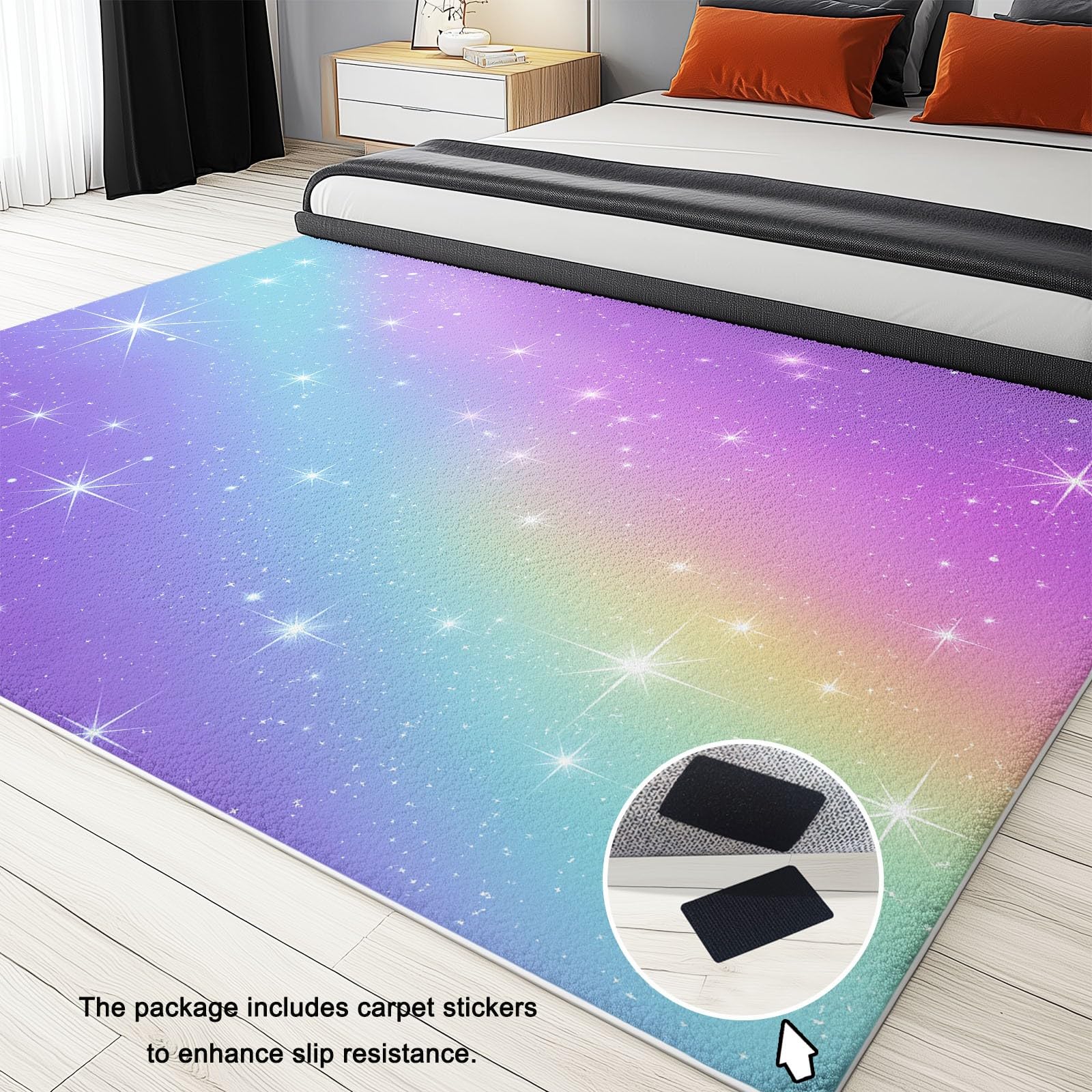 Bunt Flanell Teppich, Traumhaft Regenbogen Farbverlauf Sterne Bedruckter, Weicher Kurzflorteppiche, rutschfest und Waschbar, Bodendekoration 120 x 180 cm, Teppich für Wohnzimmer, Schlafzimmer & Büro