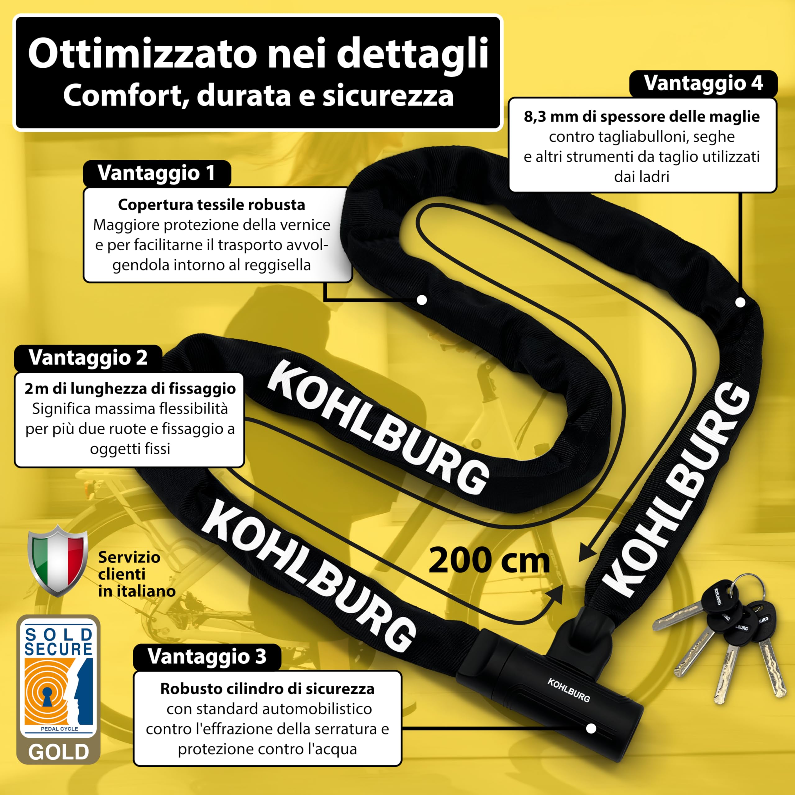 KOHLBURG 200cm Catena antifurto di sicurezza con catena quadrata da 8,3 mm in acciaio speciale, 2 metri extra lunghi, antifurto per bici sicuro da 2m di lunghezza, 4 chiavi per e‑bike, bici e moto