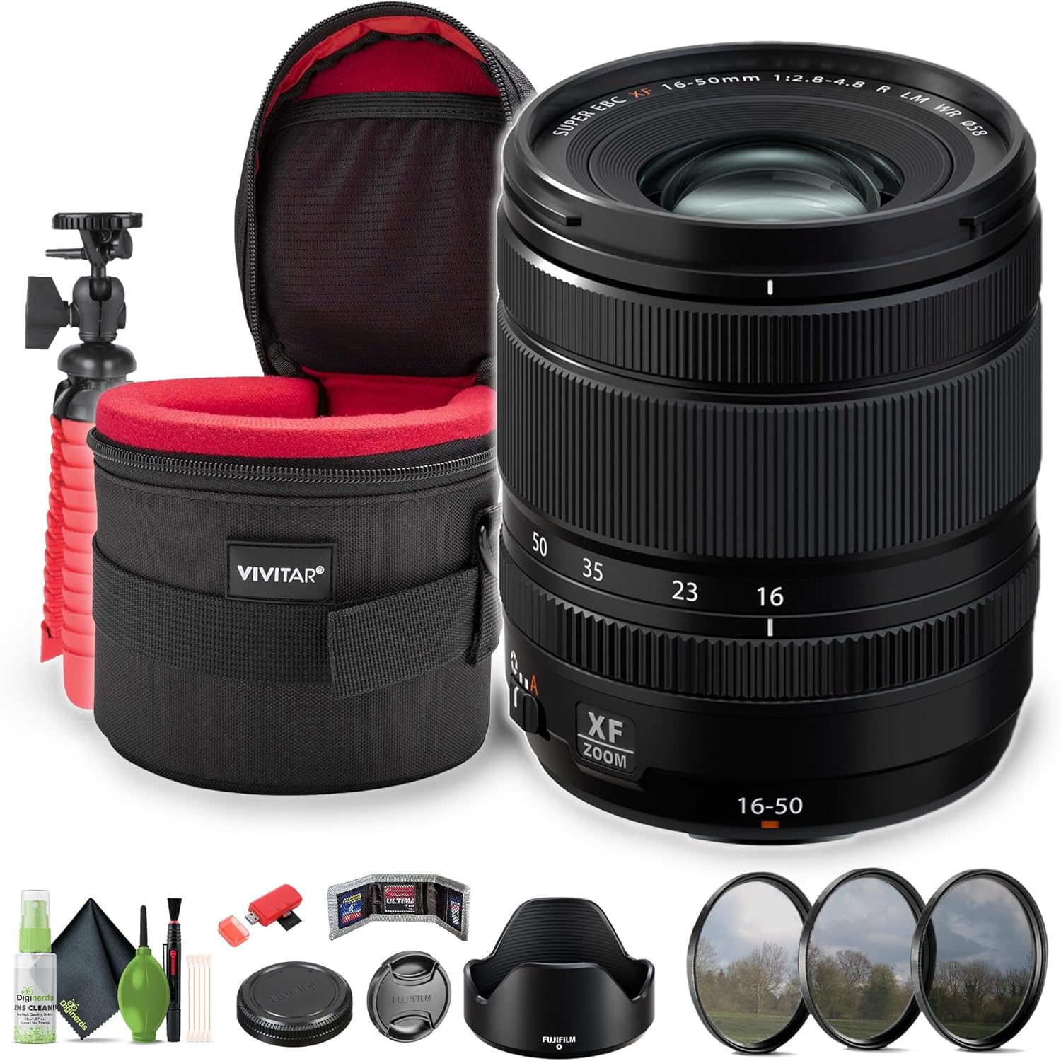 FUJIFILM XF 16-50mm f/2.8-4.8 R LM WR Lens + Lens Case + Cleaning kit + 12 inch Flexible Tripod + Memory Card Wallet + USB Card Reader, SD/microSD + Professional 3 Piece Filter Kit