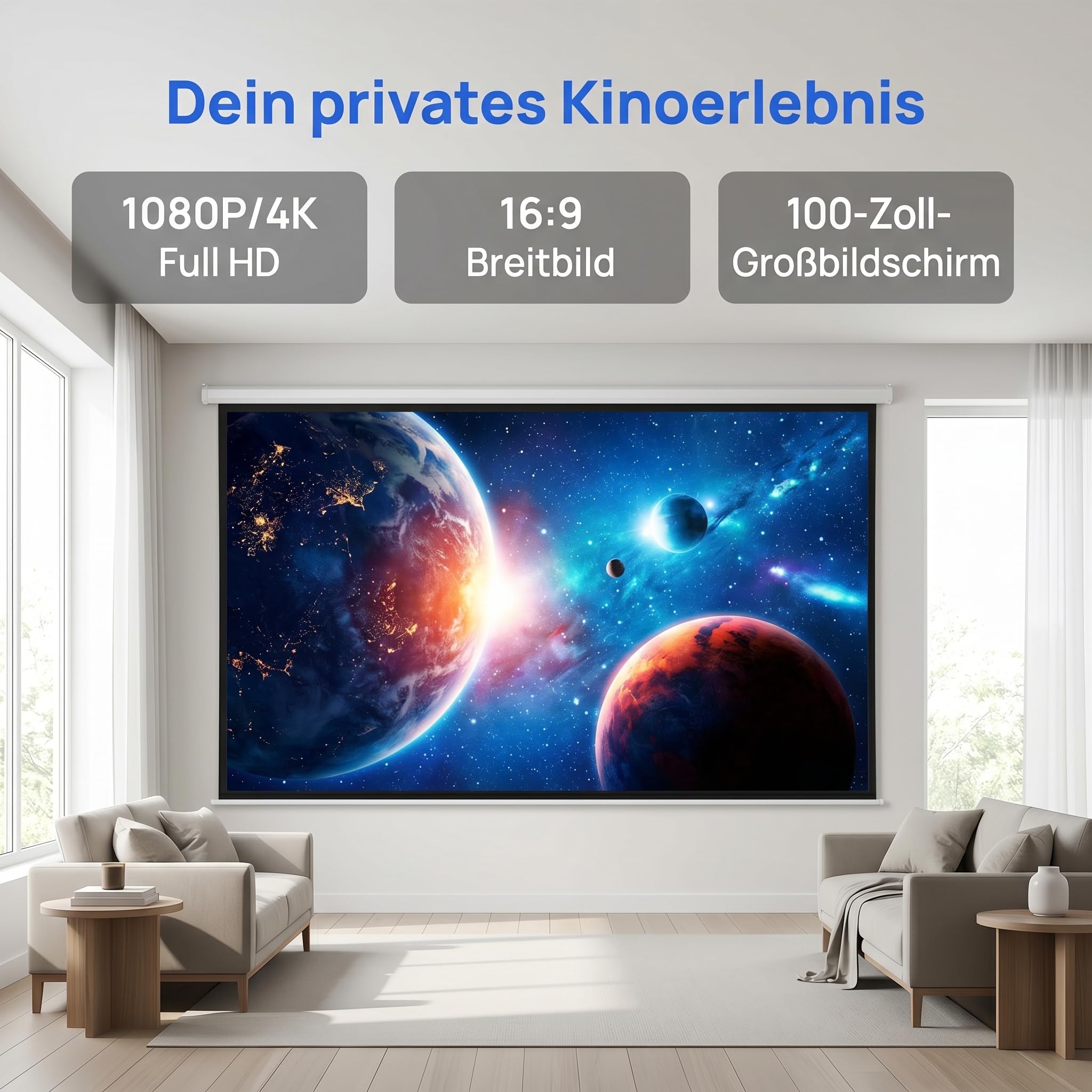Beamer Leinwand Outdoor mit Stativ, Tragbar Projektor Leinwand 100 Zoll, 16:9 4K HD Projektor Leinwand Tragbar, Filmleinwand Indoor Projektor Tragbare Outdoor Kino für Heimkino Gartenkino Theater
