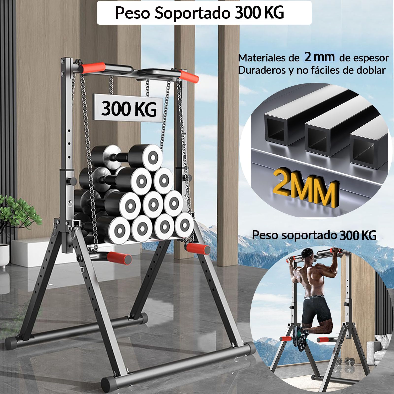 DOBESTS Estación de Dominadas Plegable Power Tower Dip Station,Estación de Fondos,Altura Ajustable, Multifuncional Maquina Dominadas Gimnasio en Casa for Pull Up& Dip Training，300KG