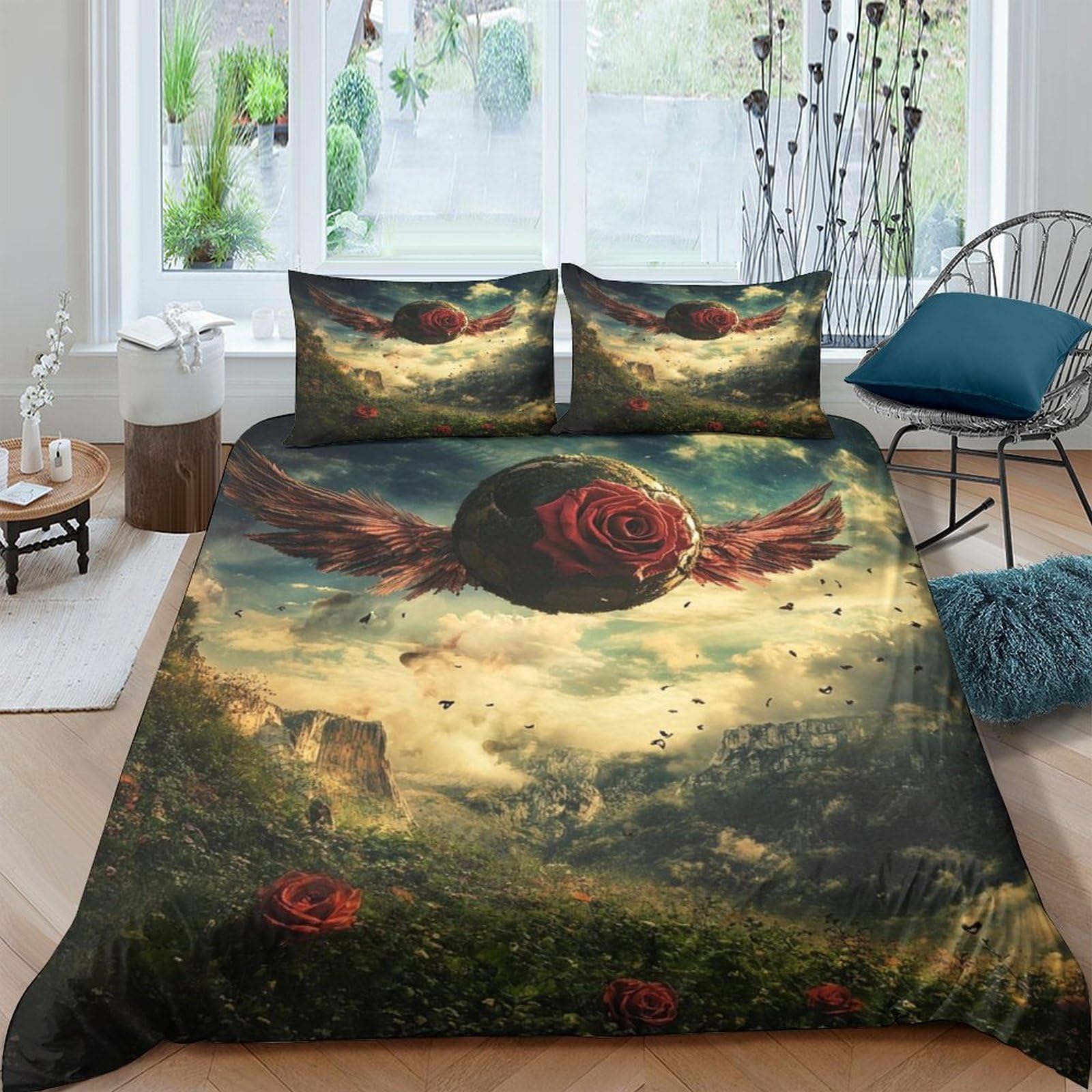 Ctjqhvkz Style-10 3D Printed Fantasy Landscape Fitted Sheet Microfiber Soft Breathable Winged Rose Mattress Cover For Bedroom Decor Single（135X200cm）
