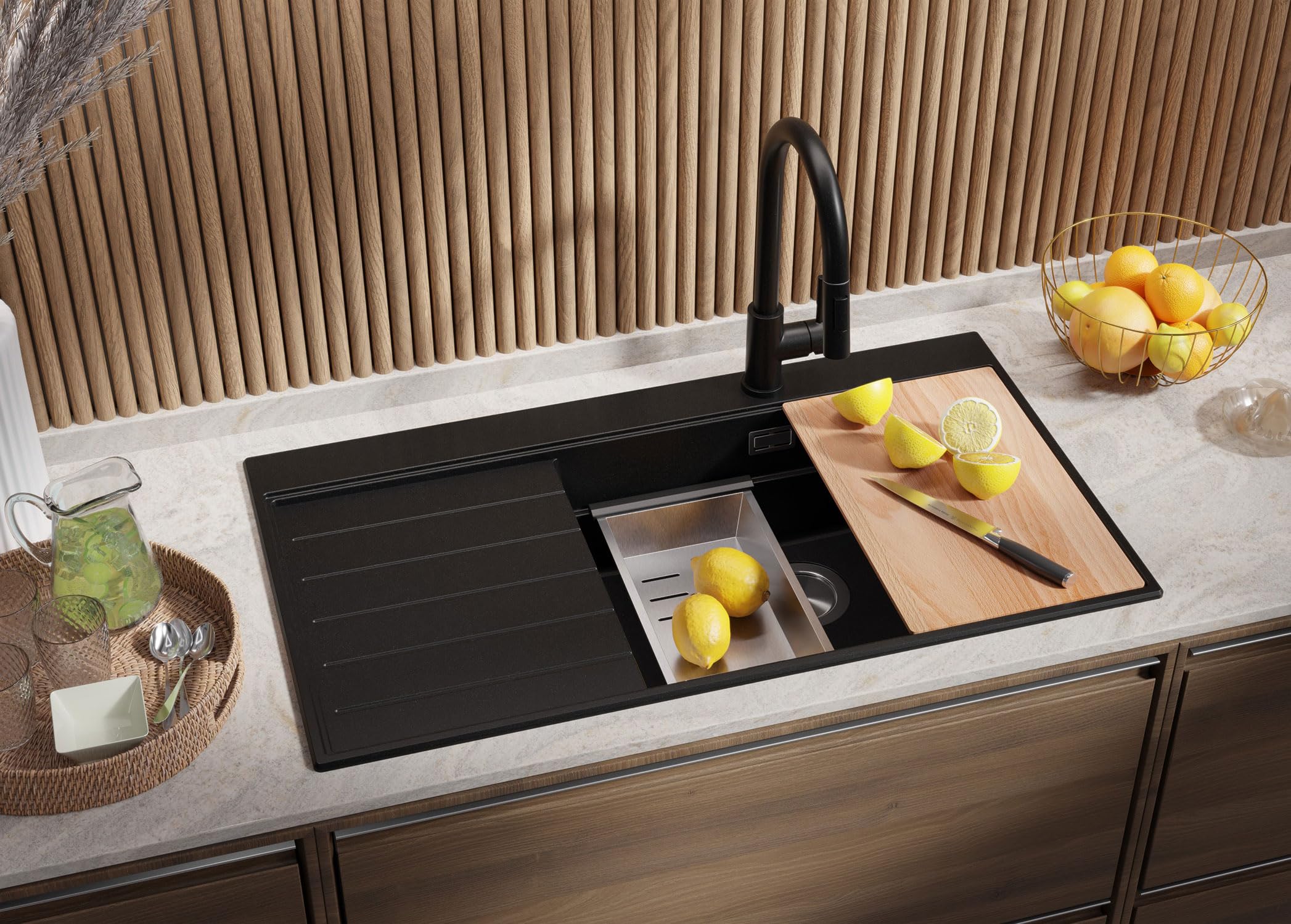 PRIMAGRAN Evier Cuisine en Granit au Meuble 60cm + Robinet, 90x50cm